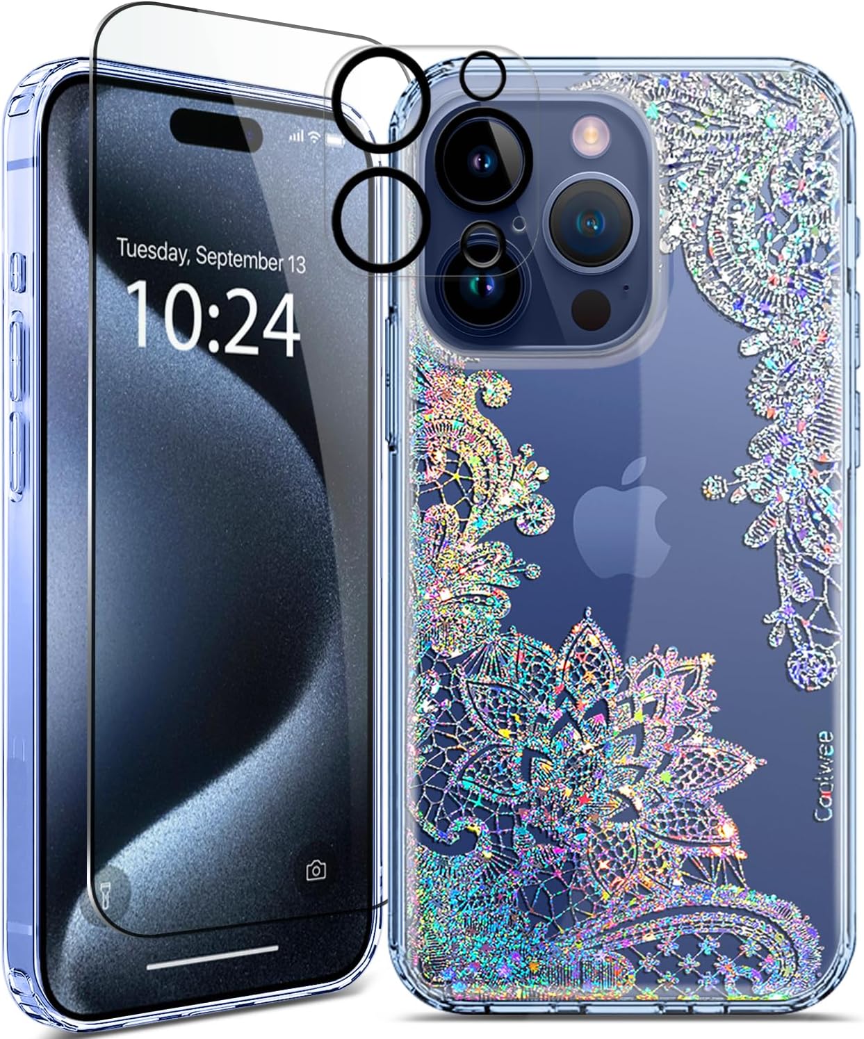 Coolwee Funda transparente antiamarillamiento con purpurina para Apple iPhone 15 Pro, 6.1 pulgadas, 6.6 pies, protección de grado militar, protector