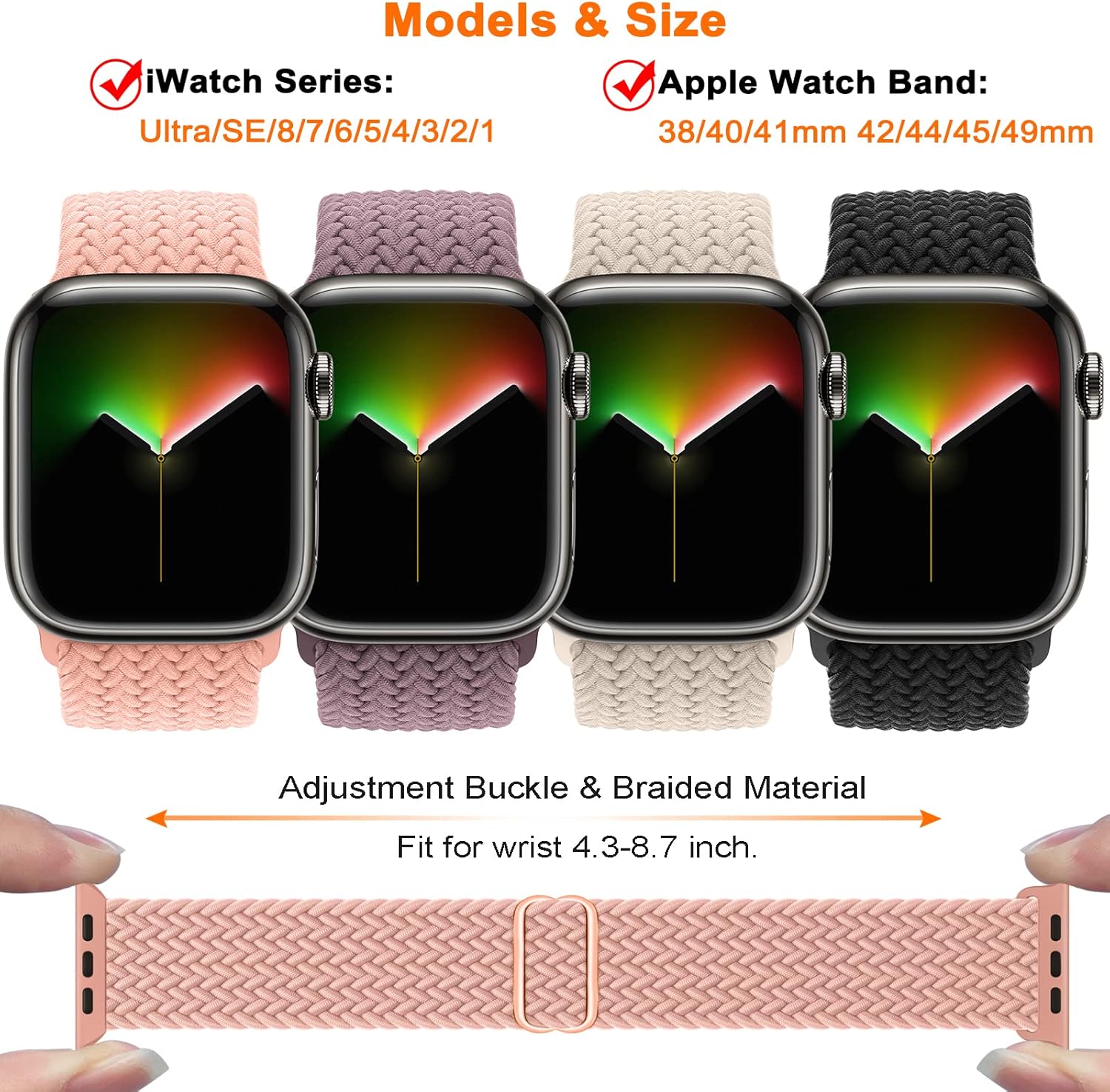 Paquete de 4 correas trenzadas Solo Loop compatibles con Apple Watch de 1.614, 1.575, 1.496 pulgadas, para mujeres y hombres, correas elásticas