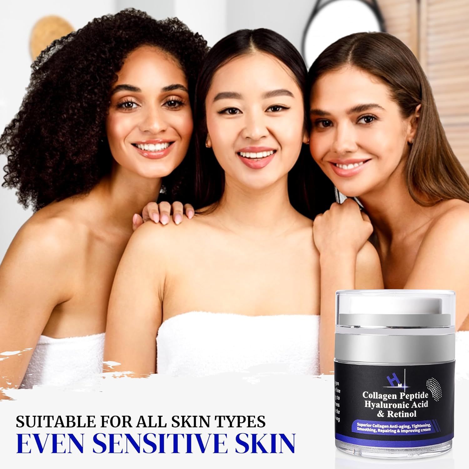 HM – Crema de péptido de colágeno con ácido hialurónico, retinol y vitamina E, antiarrugas y antienvejecimiento, restaura el colágeno a la piel,