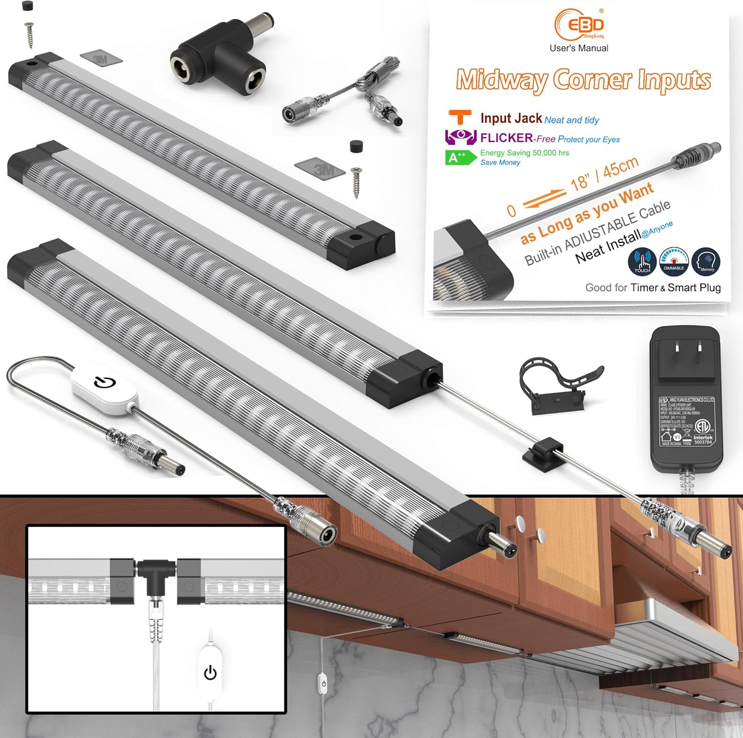 EBD Luces LED para debajo del gabinete, cable ajustable integrado, entrada intermedia, luces para fregadero de cocina, 3 unidades, 1350 lúmenes,