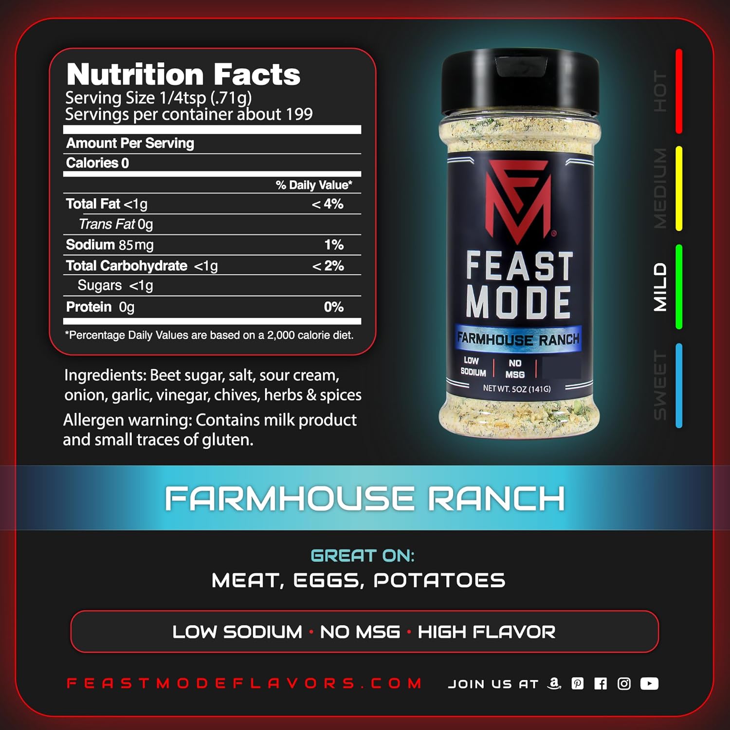 Feast Mode Flavors  Paquete Gainz  5 unidades  Condimentos de 5 onzas  BBQ hawaiano  Vegetal de jardín  Hierba de mantequilla  Rancho de granja