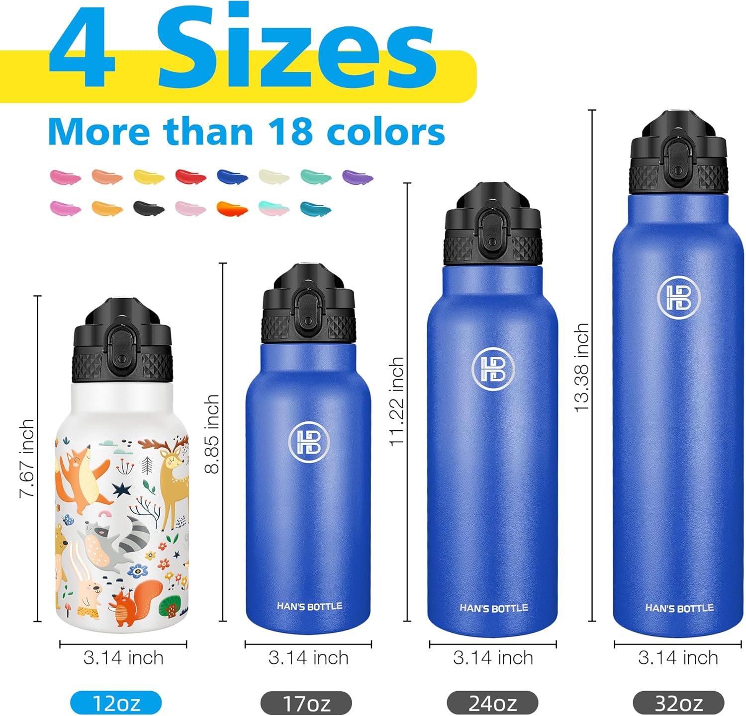 Han’s Bottle Botella de agua para niños con tapa con pajilla, vaso reutilizable de acero inoxidable aislado para niños pequeños, niñas, niños, taza