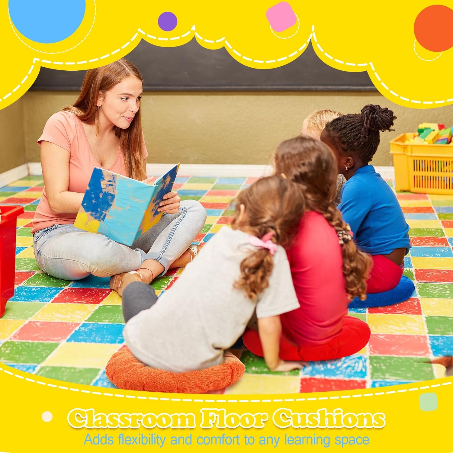 Cojines redondos de piso de 15 pulgadas para niños y niños pequeños, asiento flexible para muebles de aula, almohada de piso de 3.5 pulgadas de