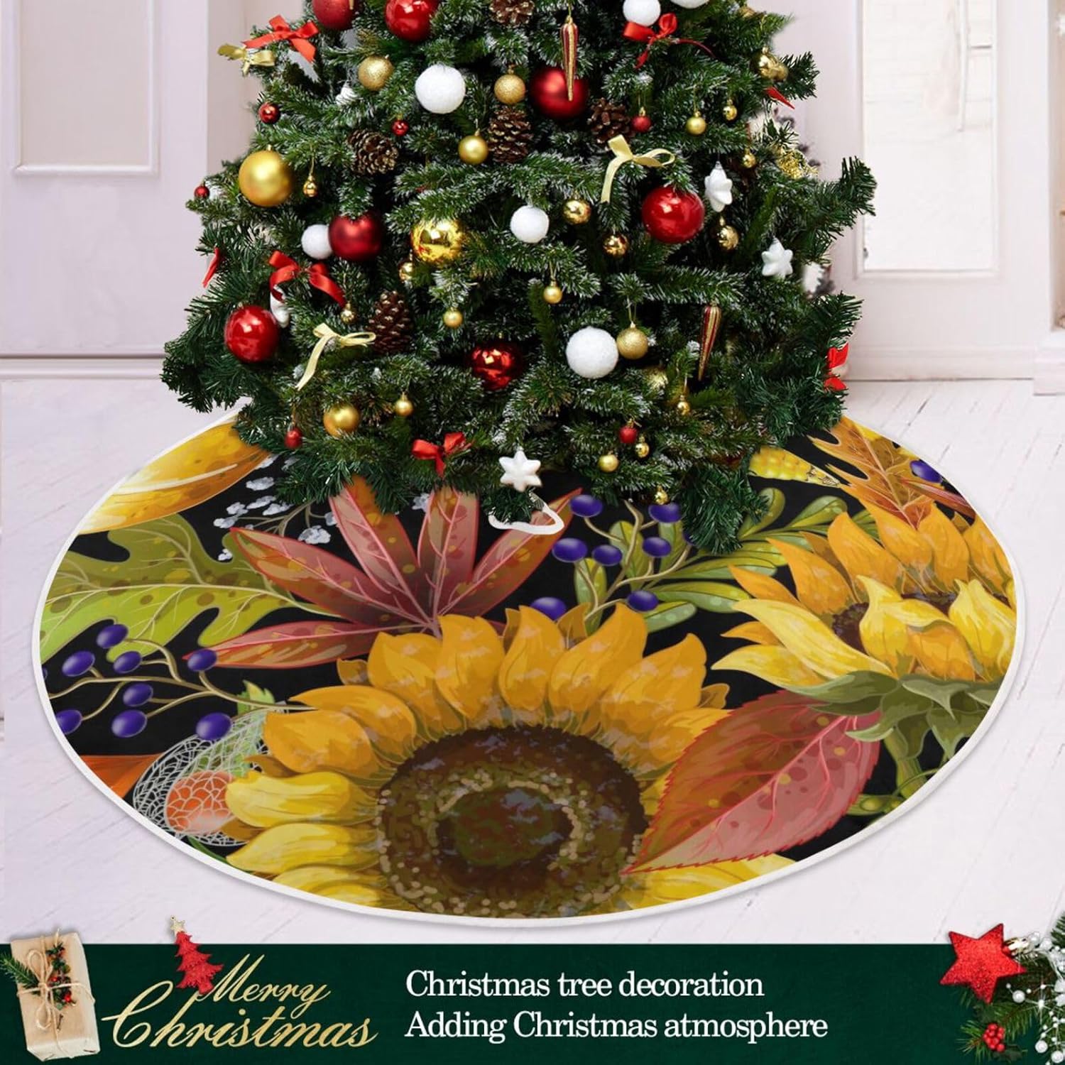 Faldones de árbol de calabazas, girasoles de otoño, falda de árbol feliz Navidad, faldas de árbol para árboles grandes, árbol de decoración de