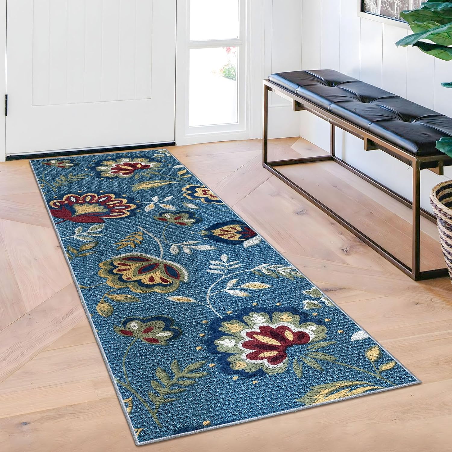 Lansny Alfombra de pasillo floral retro de 2 x 6 pies, lavable a máquina, antideslizante, suave, alfombra de pelo corto adecuada para pasillos,