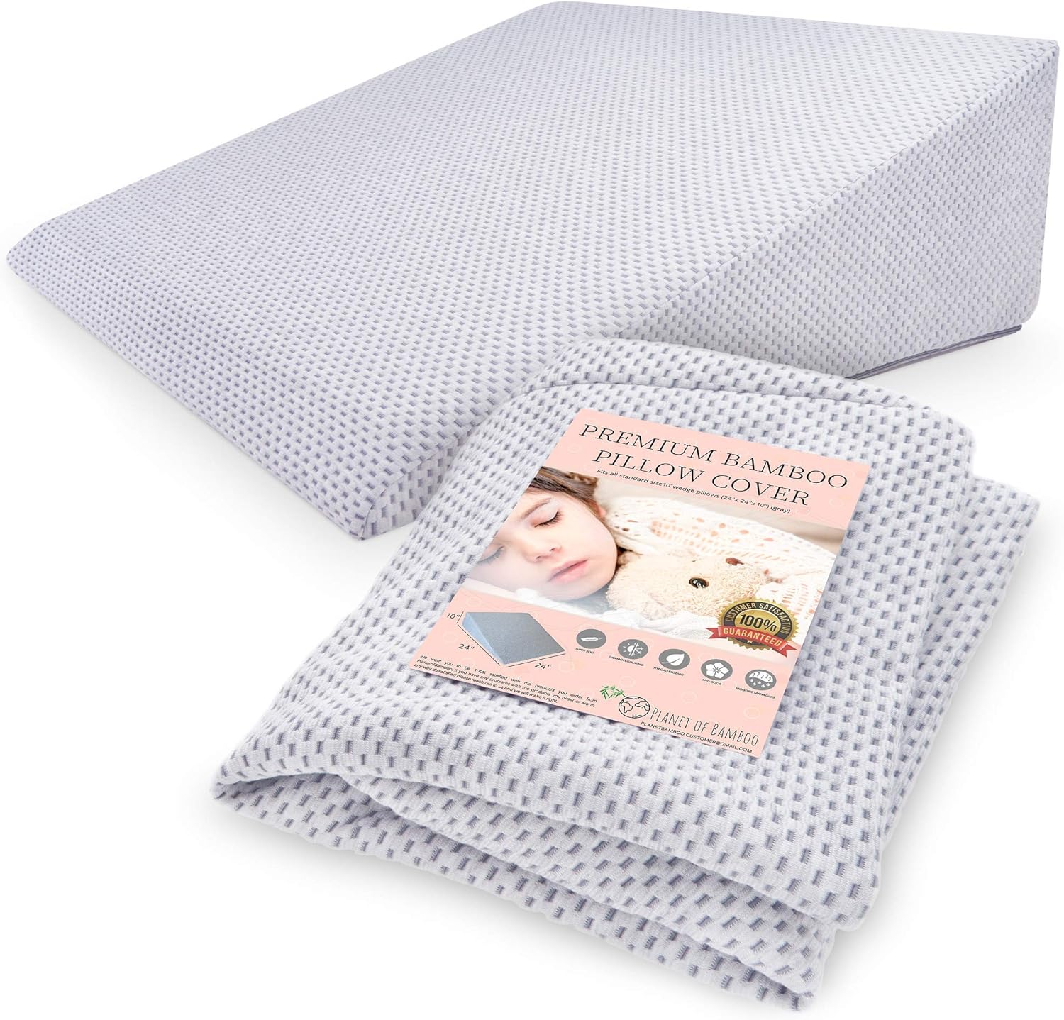 PLANETOFBAMBOO Funda de almohada de cuña de repuesto de viscosa de bambú (24 x 24 x 10) con cremallera, absorbente del sudor, absorbe la humedad,
