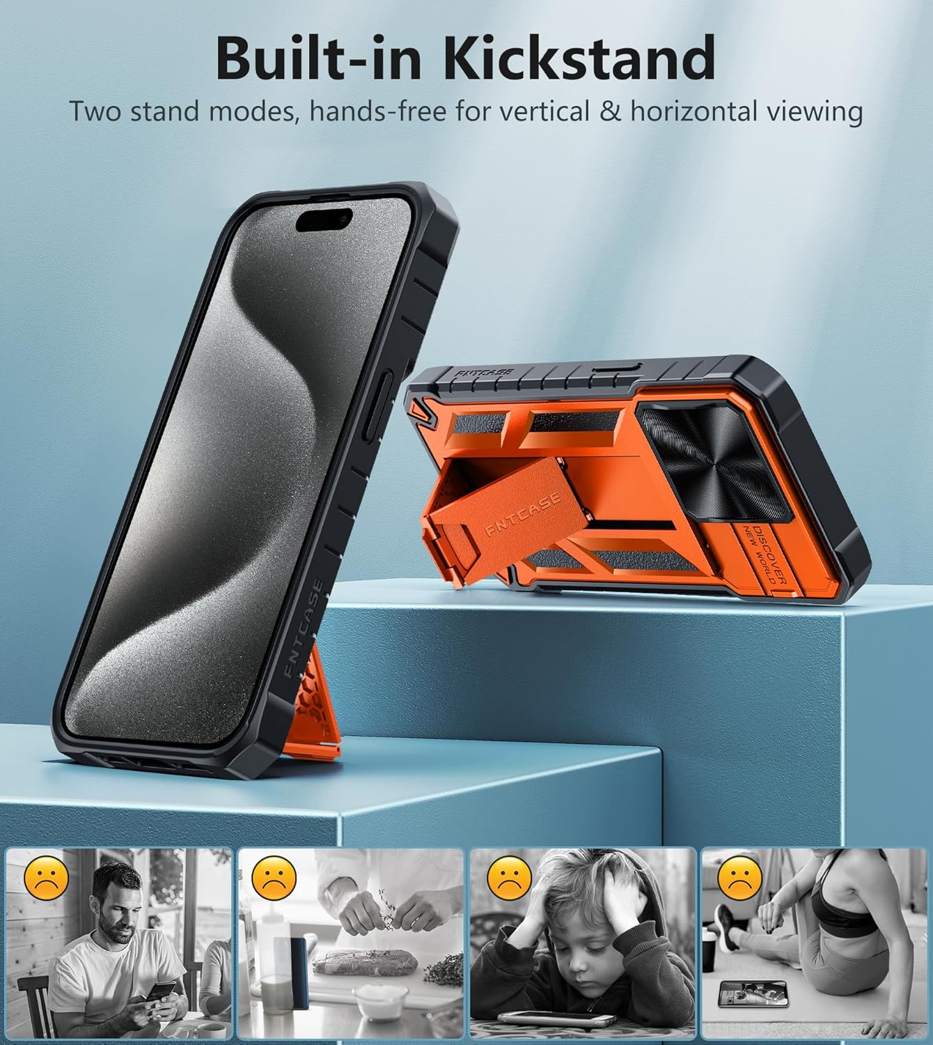 FNTCASE Funda para iPhone 15 Pro protección contra caídas y golpes de grado militar con soporte y tobogán  Protección resistente con textura de