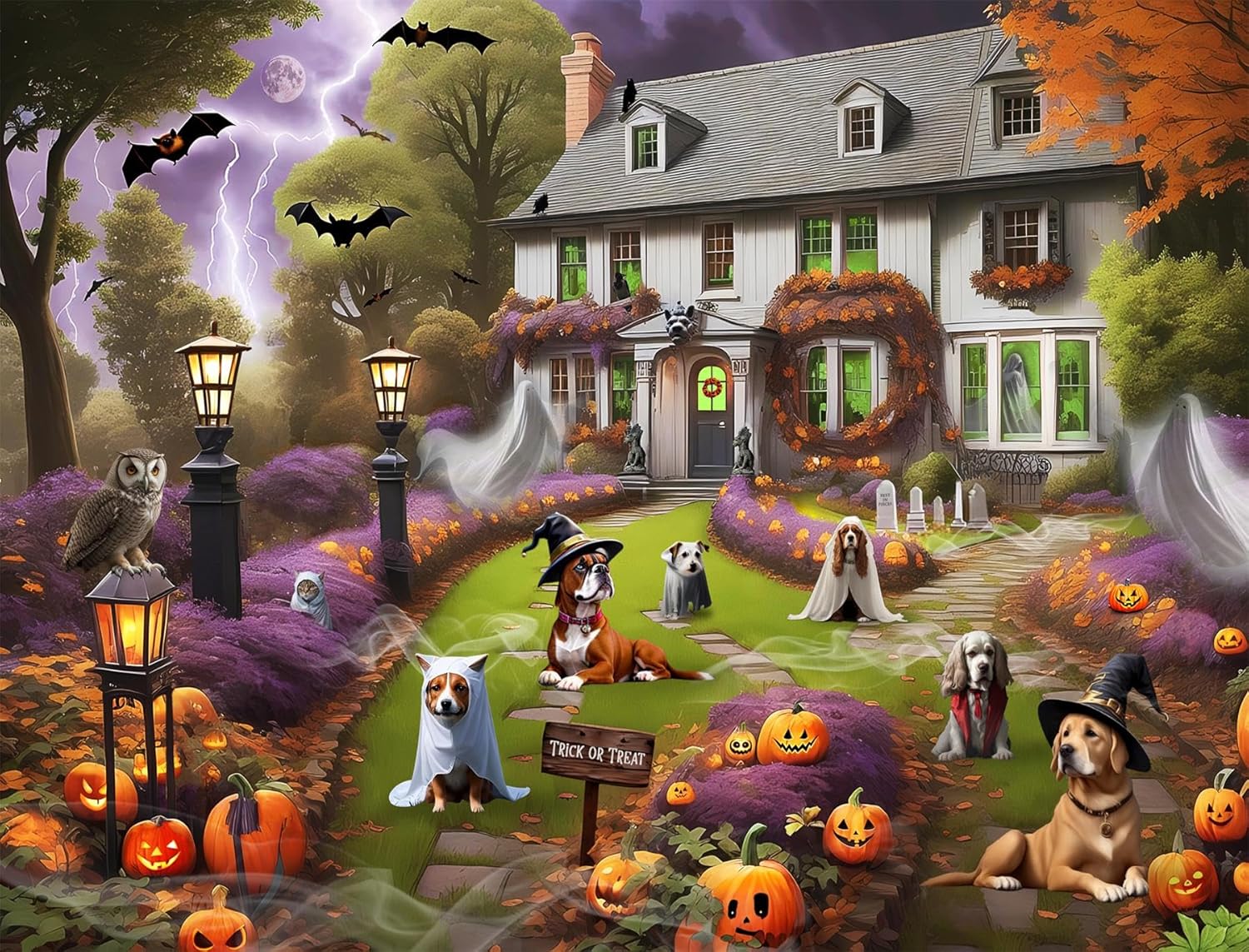 Rompecabezas espeluznante de 1000 piezas de perros en una casa encantada de Halloween