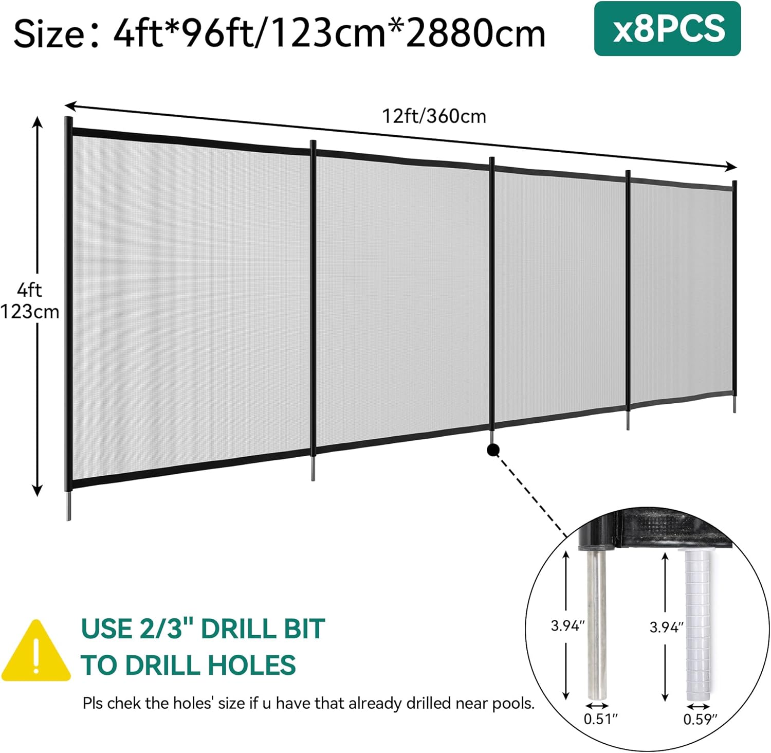 YITAHOME Valla de piscina para piscinas sobre el suelo, 4 x 96 pies, valla de seguridad para piscina al aire libre, patio trasero, jardín, piscina,