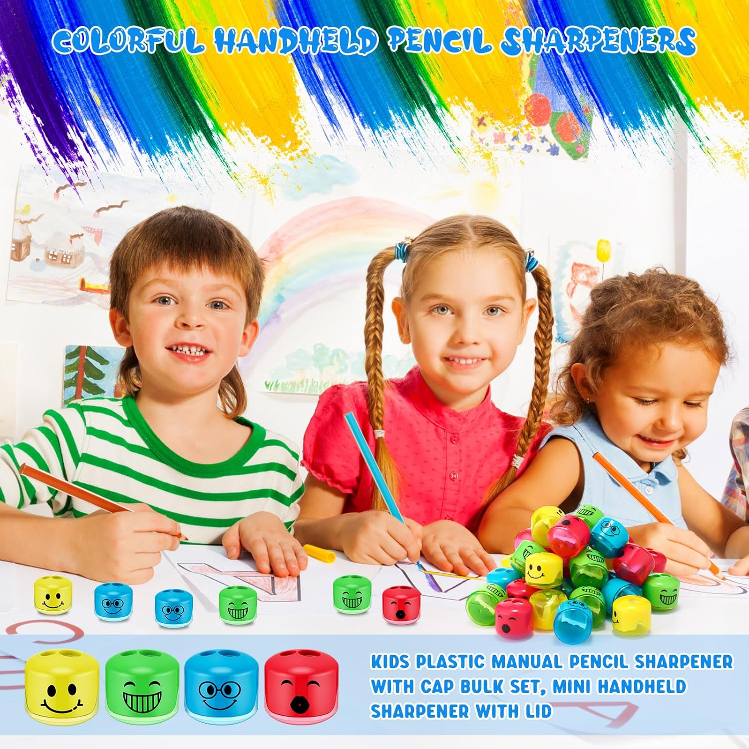 240 sacapuntas de mano para niños, sacapuntas manuales de doble agujero, sacapuntas de expresión de dibujos animados coloridos para escuela,