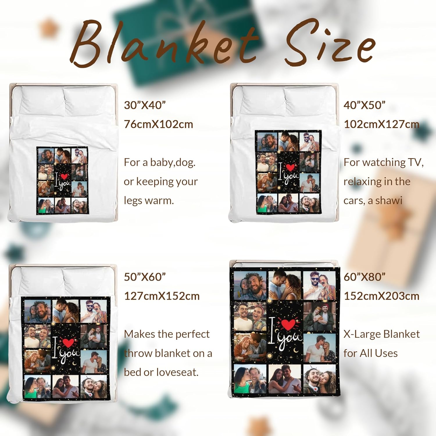 Qillnyy Manta de fotos personalizada para parejas, regalos conmemorativos personalizados con texto en inglés “I Love You”, regalos personalizados