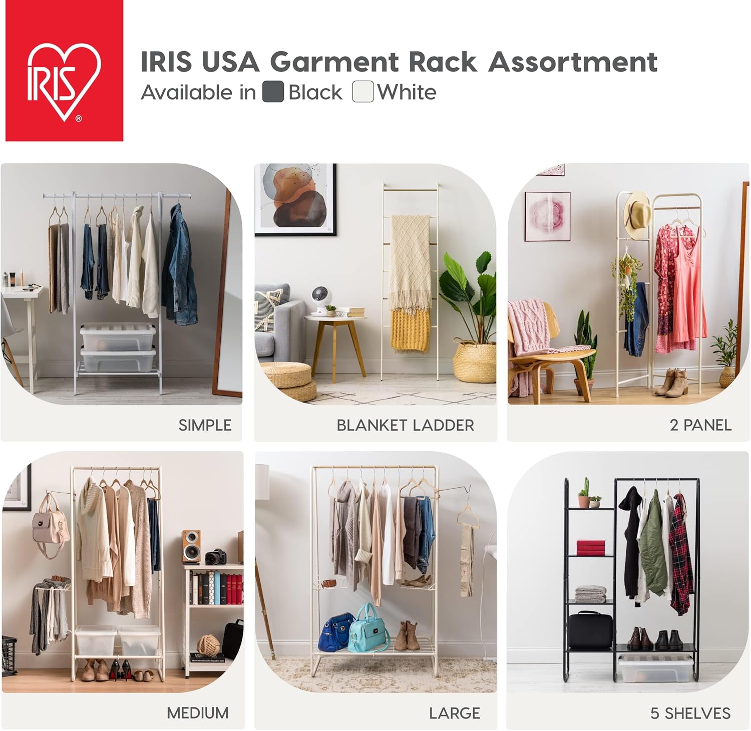 Iris USA Perchero esquinero para colgar ropa, fácil de montar, estante de metal independiente, almacenamiento en espacio pequeño, diseño moderno y