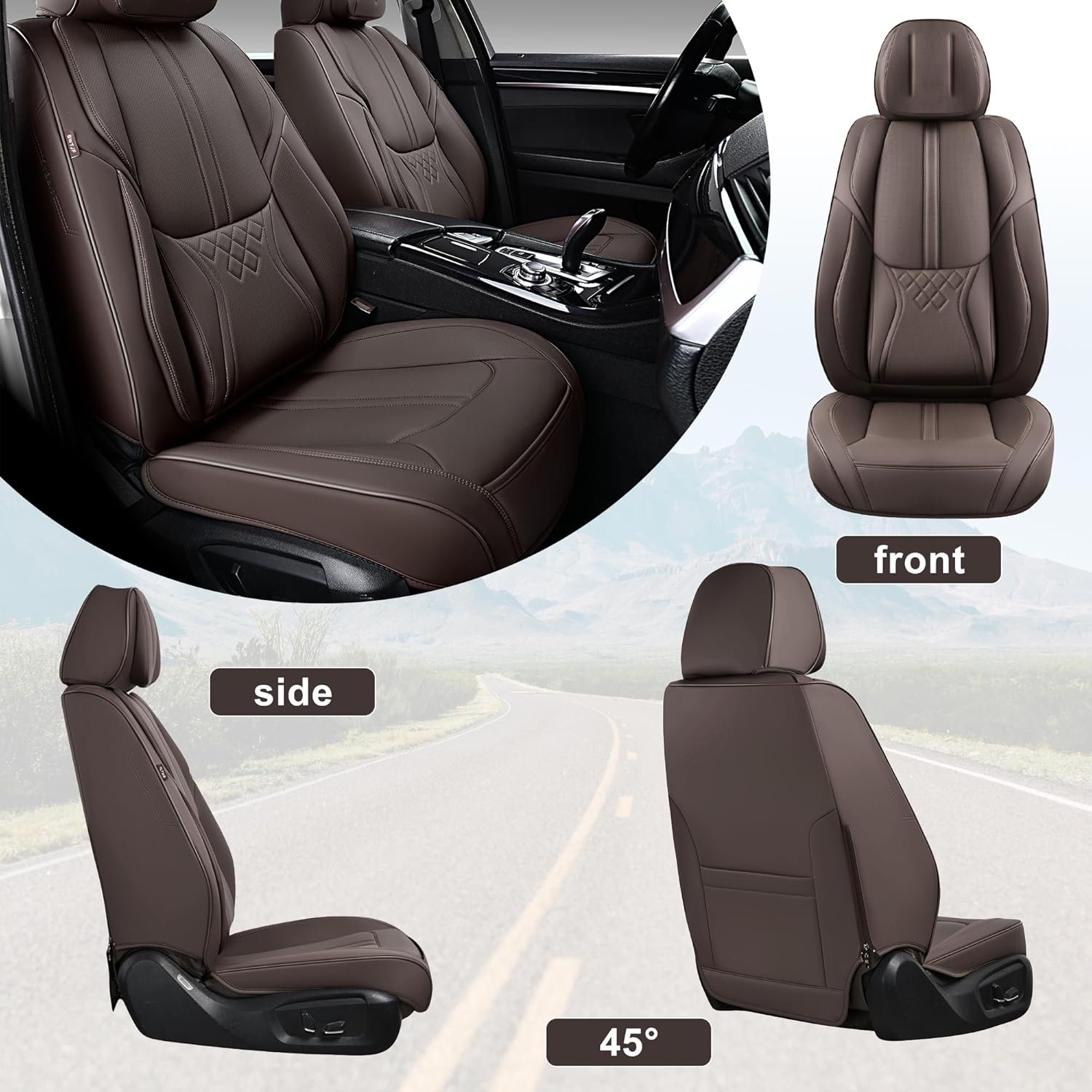 Juego completo de fundas de asiento de coche marrones, fundas de asiento delantero y trasero, 5 piezas, protectores universales de cuero sintético