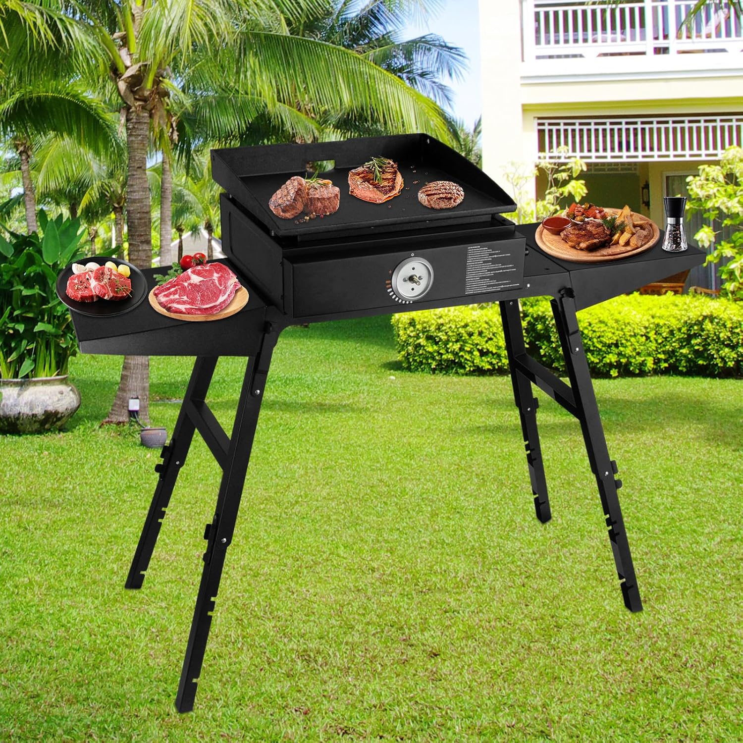 Raweao Soporte universal portátil para parrilla, soporte para parrilla Blackstone de 17 o 22 pulgadas de propano con dos estantes laterales, ideal