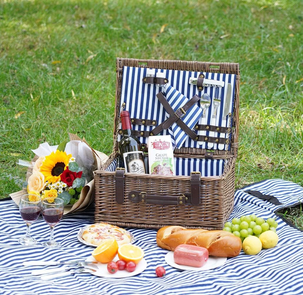 Cesta de picnic de mimbre para 2 personas con manta de picnic impermeable, juego de picnic para 2 personas con alfombrilla de playa a prueba de