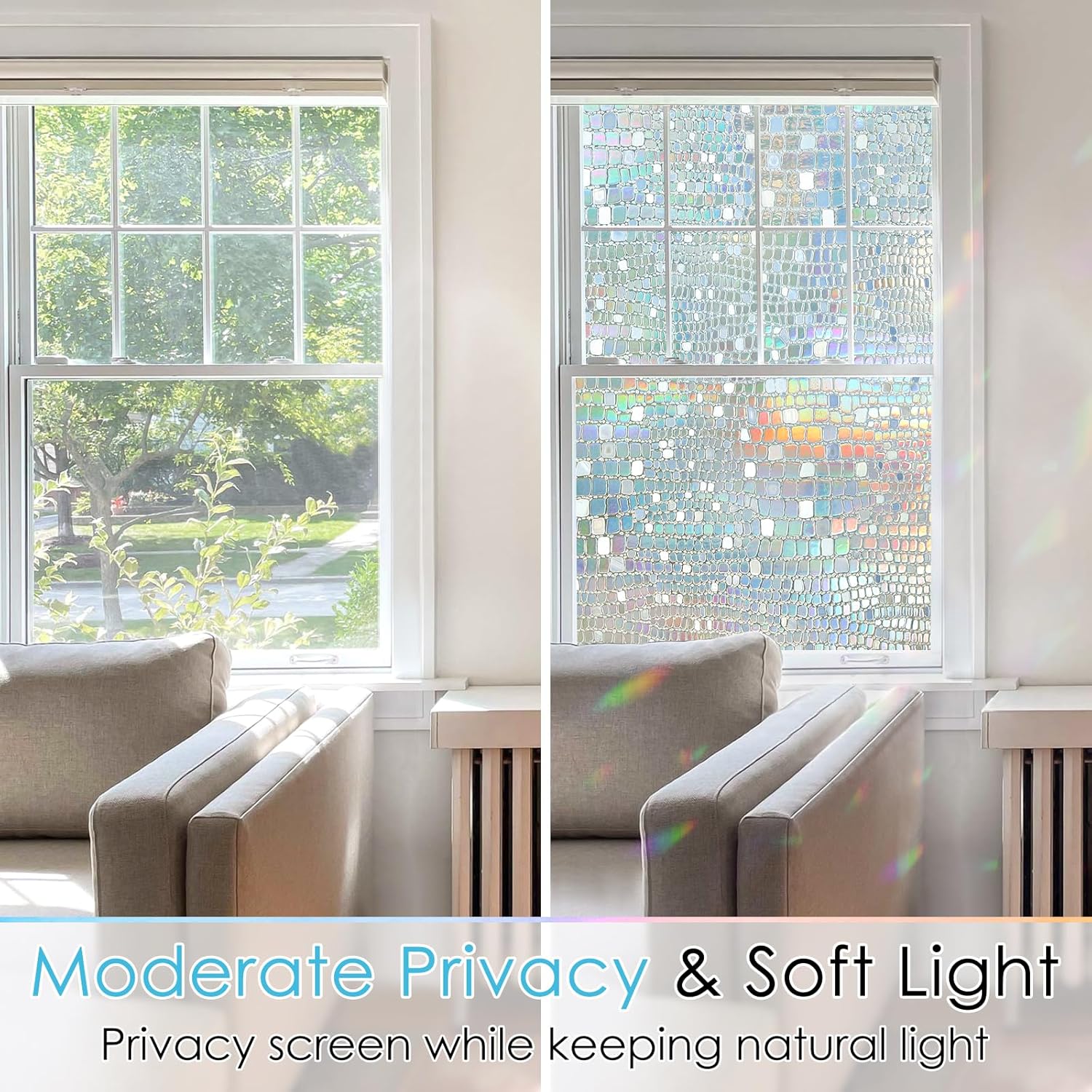 rabbitgoo Película decorativa de privacidad para ventana, diseño de arco iris, adhesivo 3D para ventana, bloqueo solar anti-UV, control de calor,