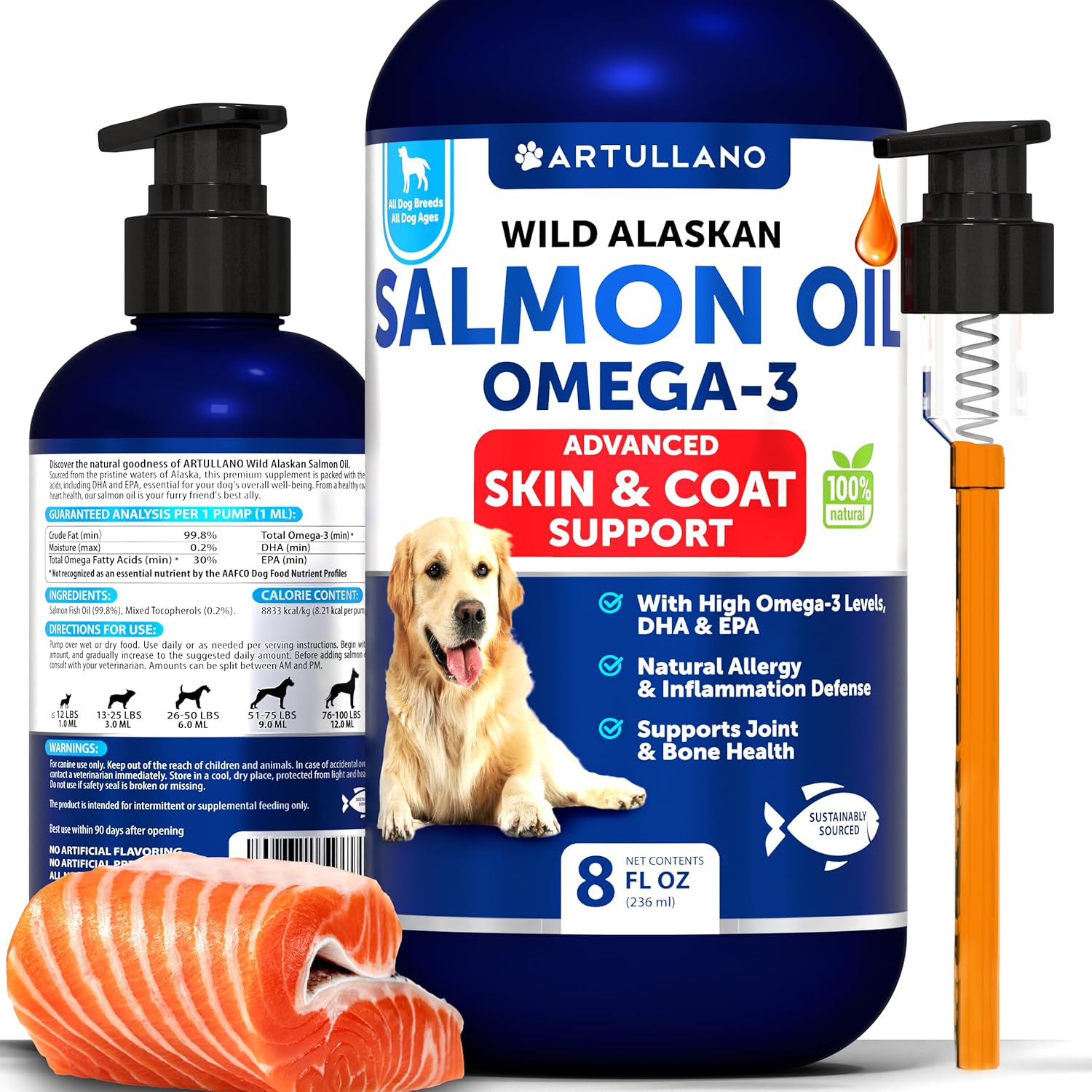 Aceite de salmón silvestre de Alaska para perros, aceite de salmón para piel y pelaje de perros, aceite de salmón líquido para alimentos, aceite de