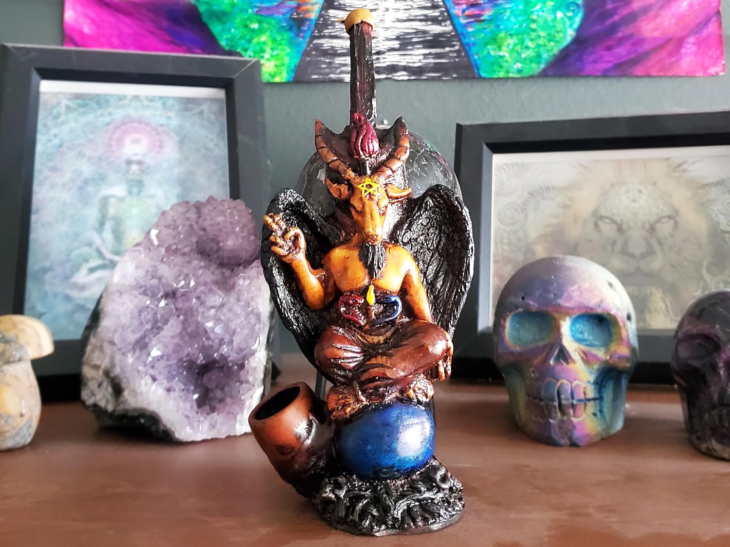 Baphomet – Figura de cabra sabática hecha a mano, arte satánico, cuenco de coco natural, regalos ocultos espirituales para fumadores