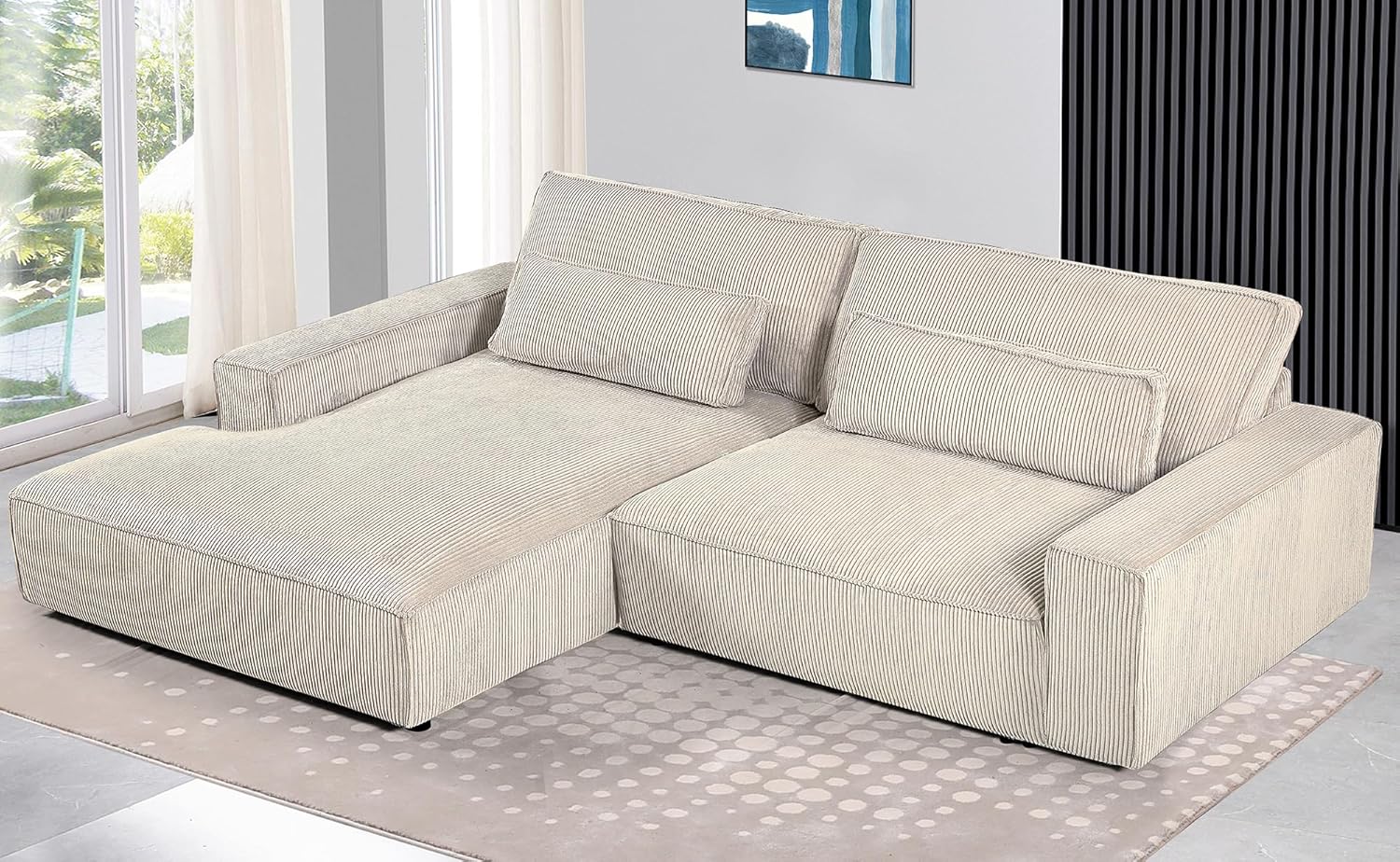 Luxe – Sofá modular de dos piezas de gran tamaño para sala de estar, sofá en forma de L con diván, tapizado con tela de pana, color beige, orientado
