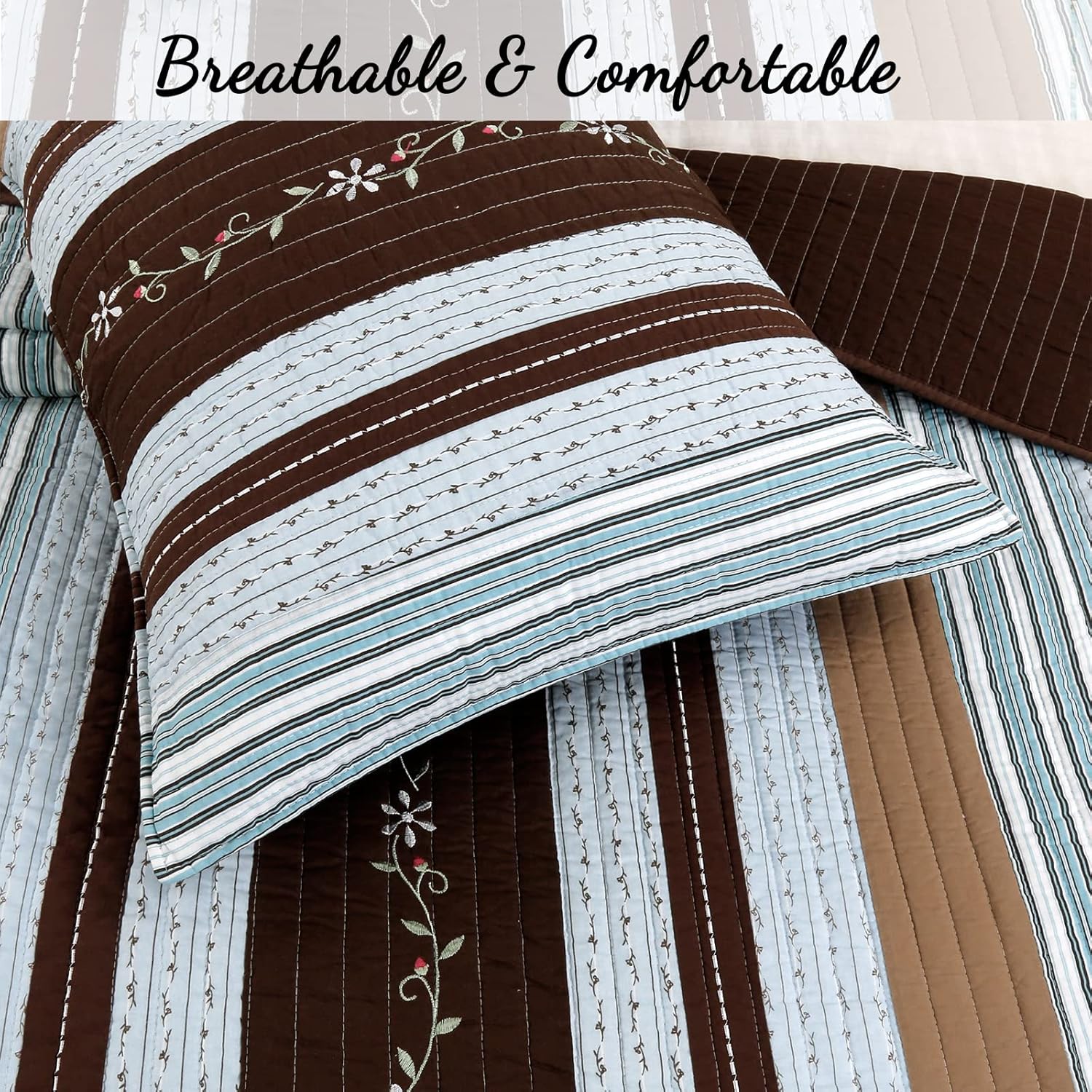 Cozy Line Home Fashions Juego de ropa de cama reversible de 100 % algodón, colcha floral de cabaña azul tostado, colcha floral (rayas marrones,