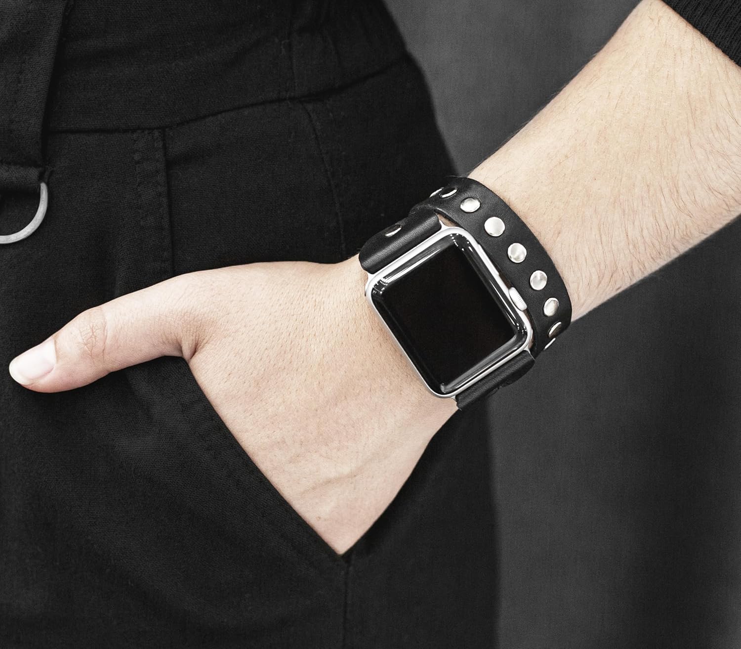 stud Leather double wrap band strap compatible with Apple watch 38mm 40mm 41mm 42mm 44mm 45mm 49mm, Handmade UA 1820 (black + steel + 7.3-8.3 in +