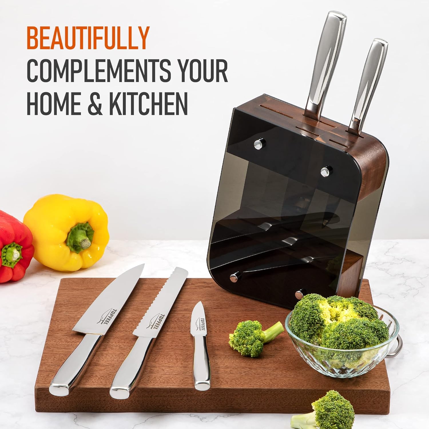 Topfeel Juego de cuchillos para cocina con bloque, juego de cuchillos afilados de 6 piezas, acero inoxidable pulido espejo de alto carbono, juego de