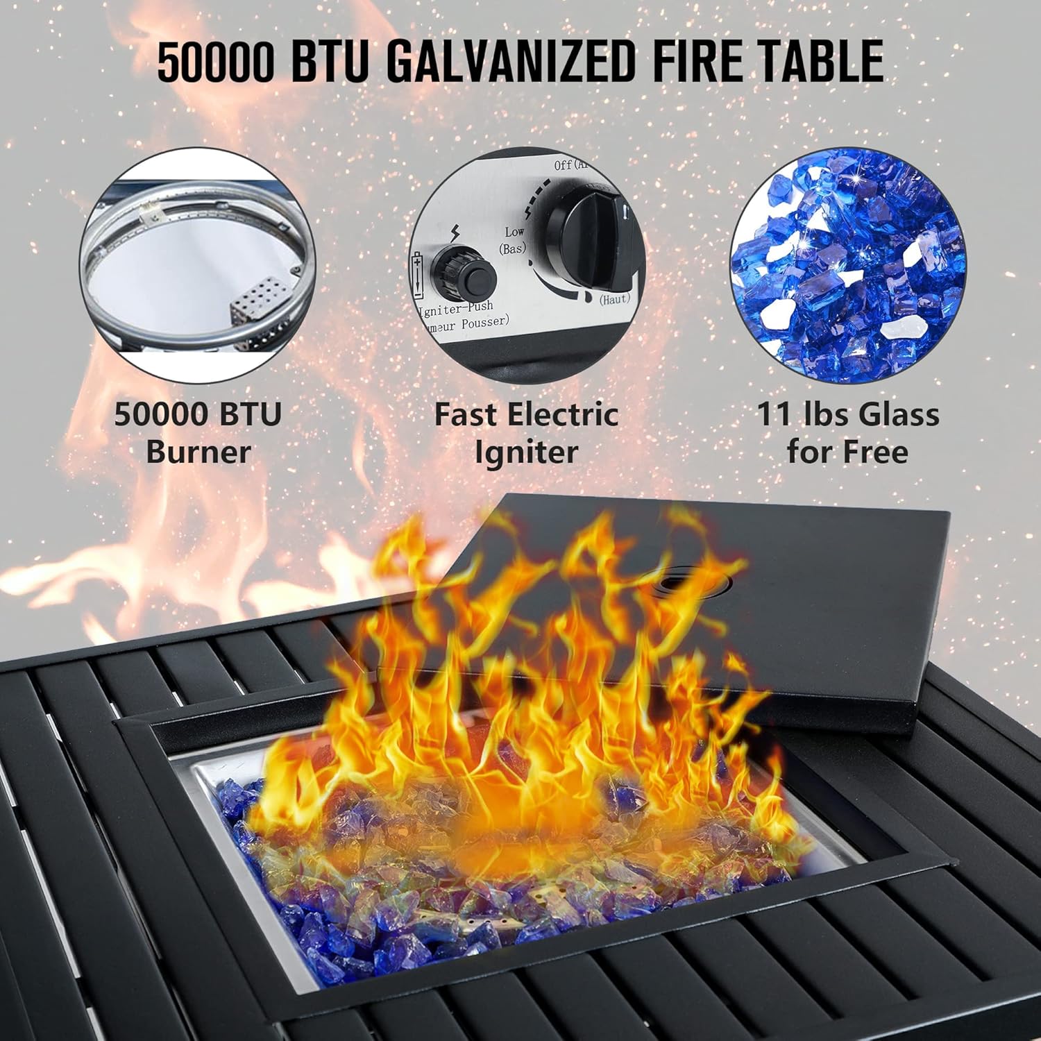 PHI VILLA Mesa para fogata de gas de 28 pulgadas, 50000 BTU cuadrada para exteriores con tapa y vidrio azul para patio, patio trasero y jardín,