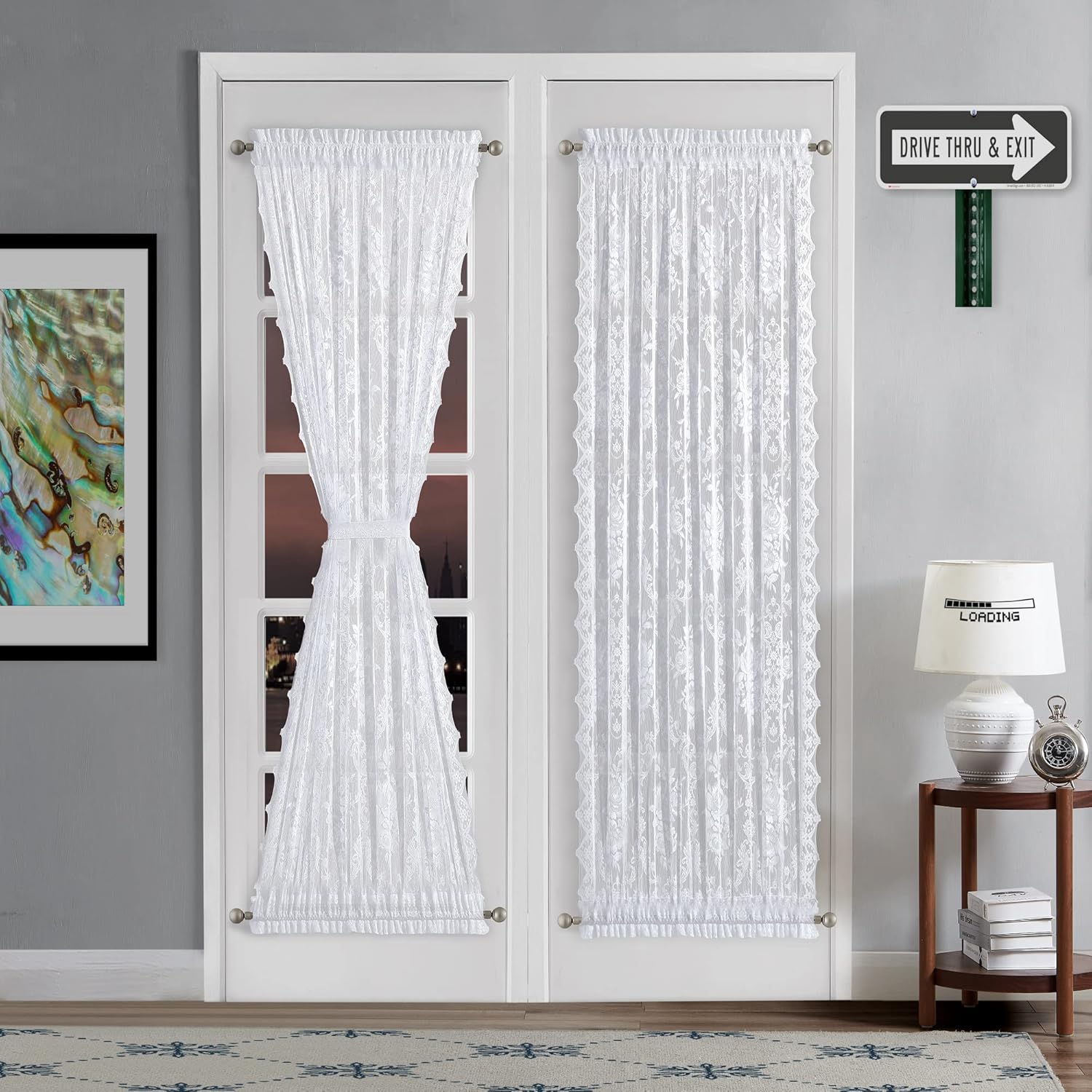 Cortinas de encaje blanco de 52 x 72 pulgadas para puerta francesa. Cortinas de encaje para puerta de privacidad, filtro de luz y decoración del
