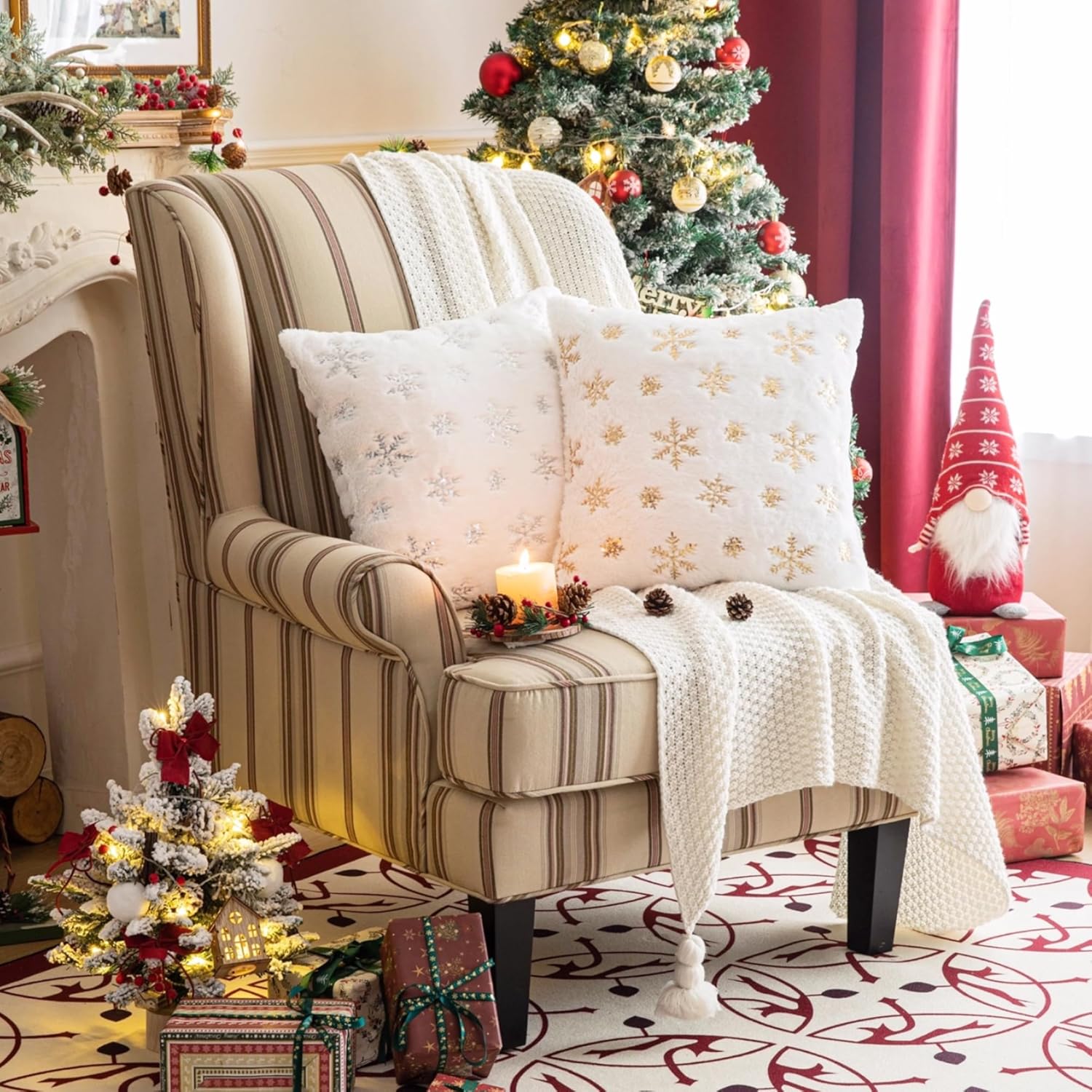 AQOTHES Fundas de almohada decorativas peludas de piel sintética, felpa con lentejuelas de copo de nieve, almohadas con purpurina para decoración de