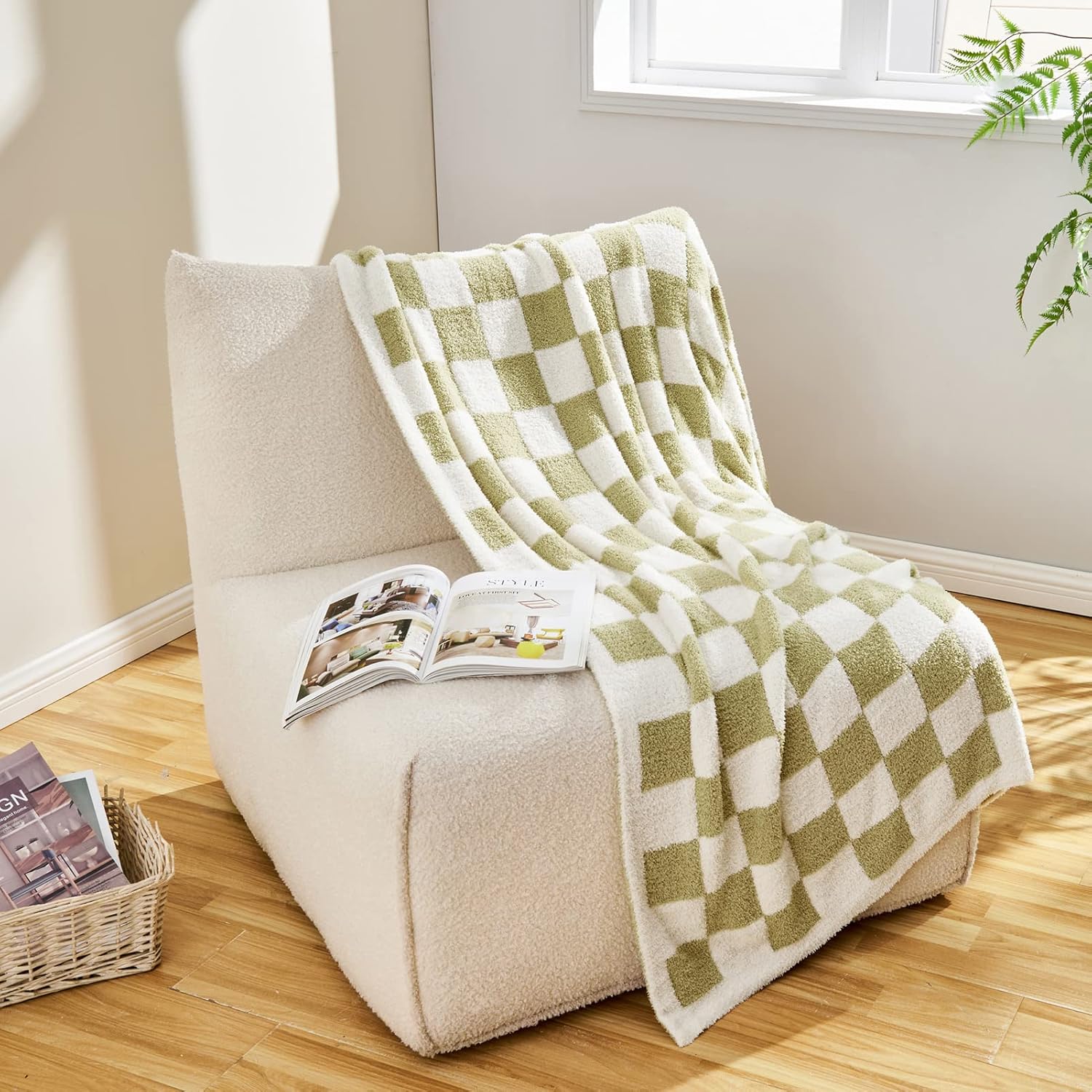 Manta de cuadros ultra suave y acogedora manta de cuadros verde salvia, cálida y esponjosa, manta a cuadros verde salvia y blanco para sofá y cama,