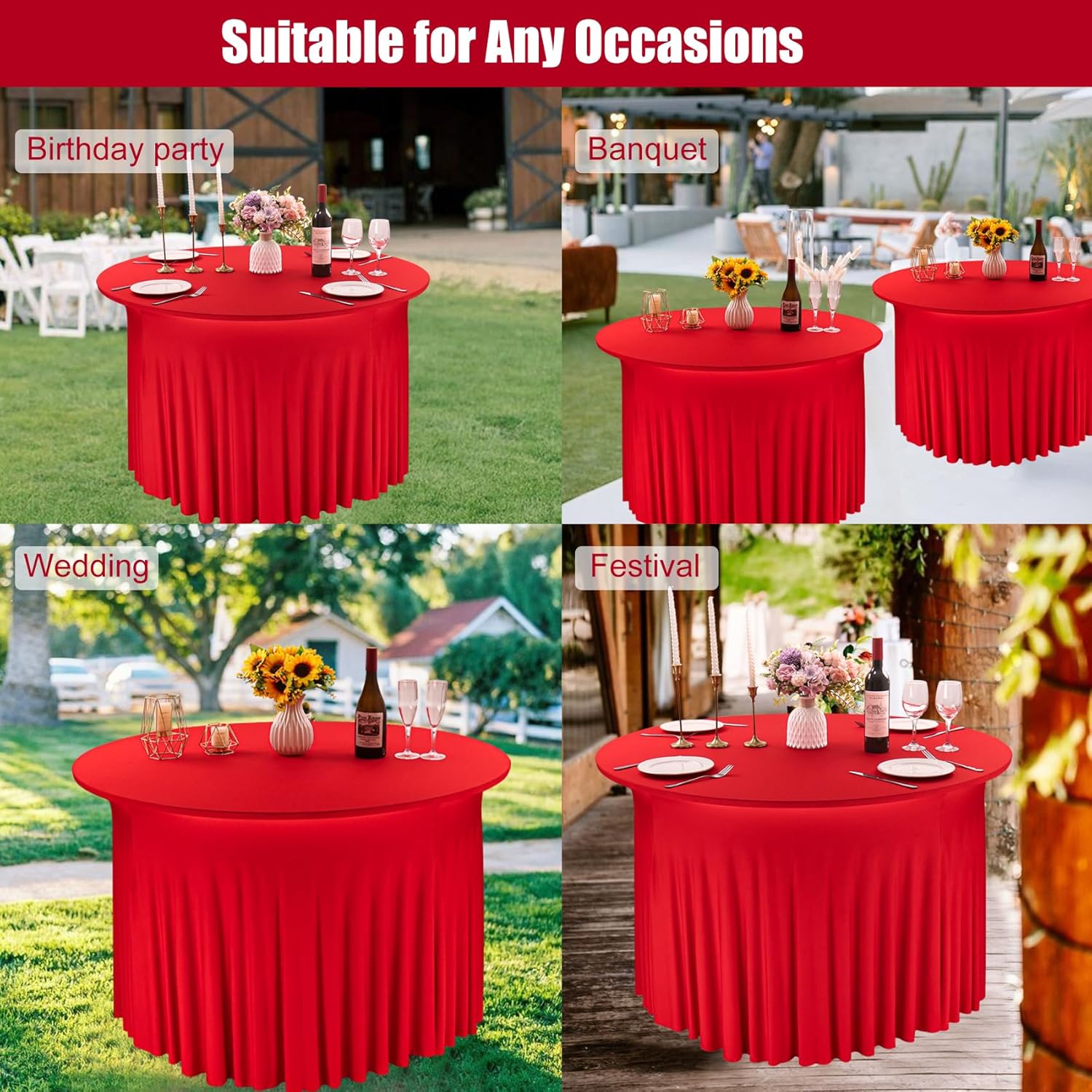 Paquete de 6 faldas de elastano de 6 pies para mesa redonda, lavables, manteles elásticos rojos, resistentes a las arrugas, ajustables, para