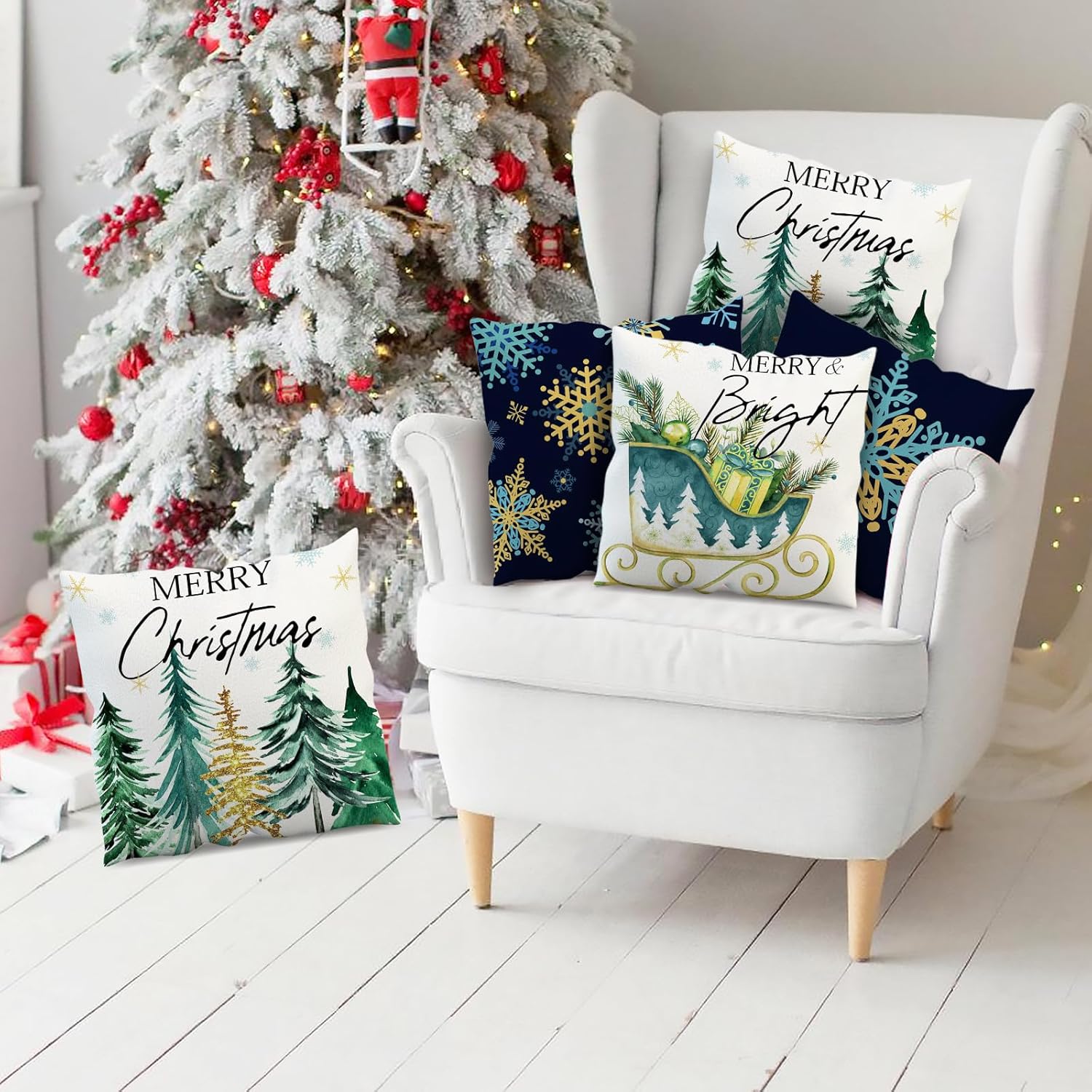 APROPHIC Juego de 4 fundas de almohada de árbol de Navidad de 18 x 18 pulgadas, decoración del hogar, Navidad, eucalipto, camión, copos de nieve