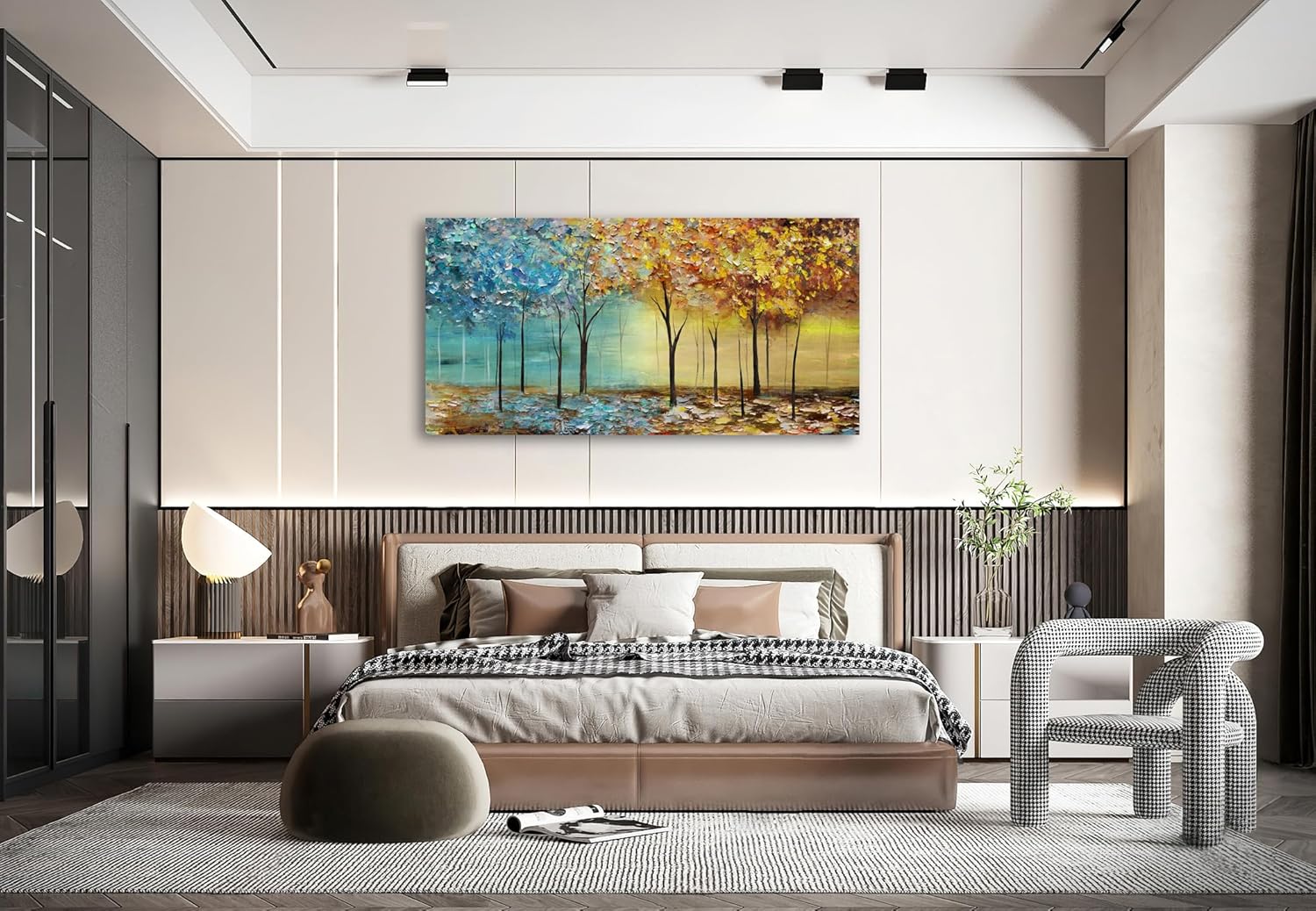 Cao Gen Decor Art A63450 – Lienzo decorativo para pared, árboles abstractos, 1 panel, azul y amarillo, cuadros abstractos de bosque, estirados y