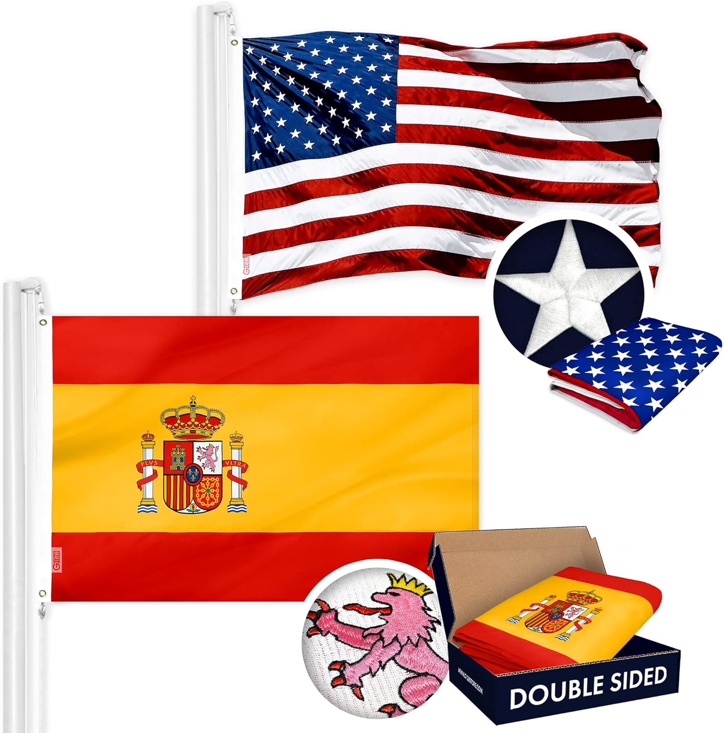 G128 Paquete combinado bandera estadounidense de Estados Unidos de 3 x 5 pies bordada con estrellas y bandera de España (española) de 3 x 5 pies de