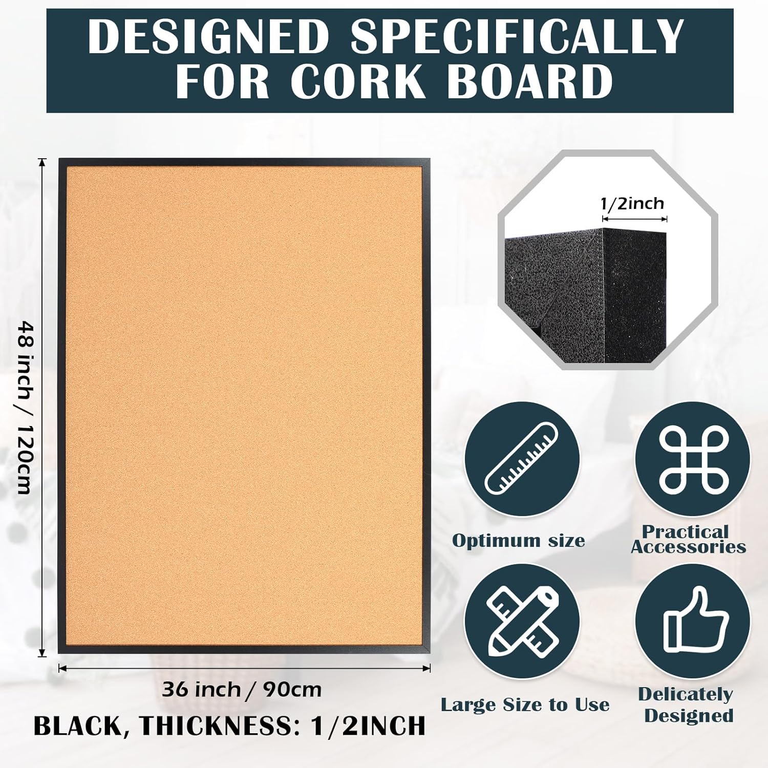 Teling Tablón de anuncios enmarcado de 48 x 36 pulgadas, tableros de corcho para montar en la pared, tablero de imágenes de corcho, tablón de pulgar