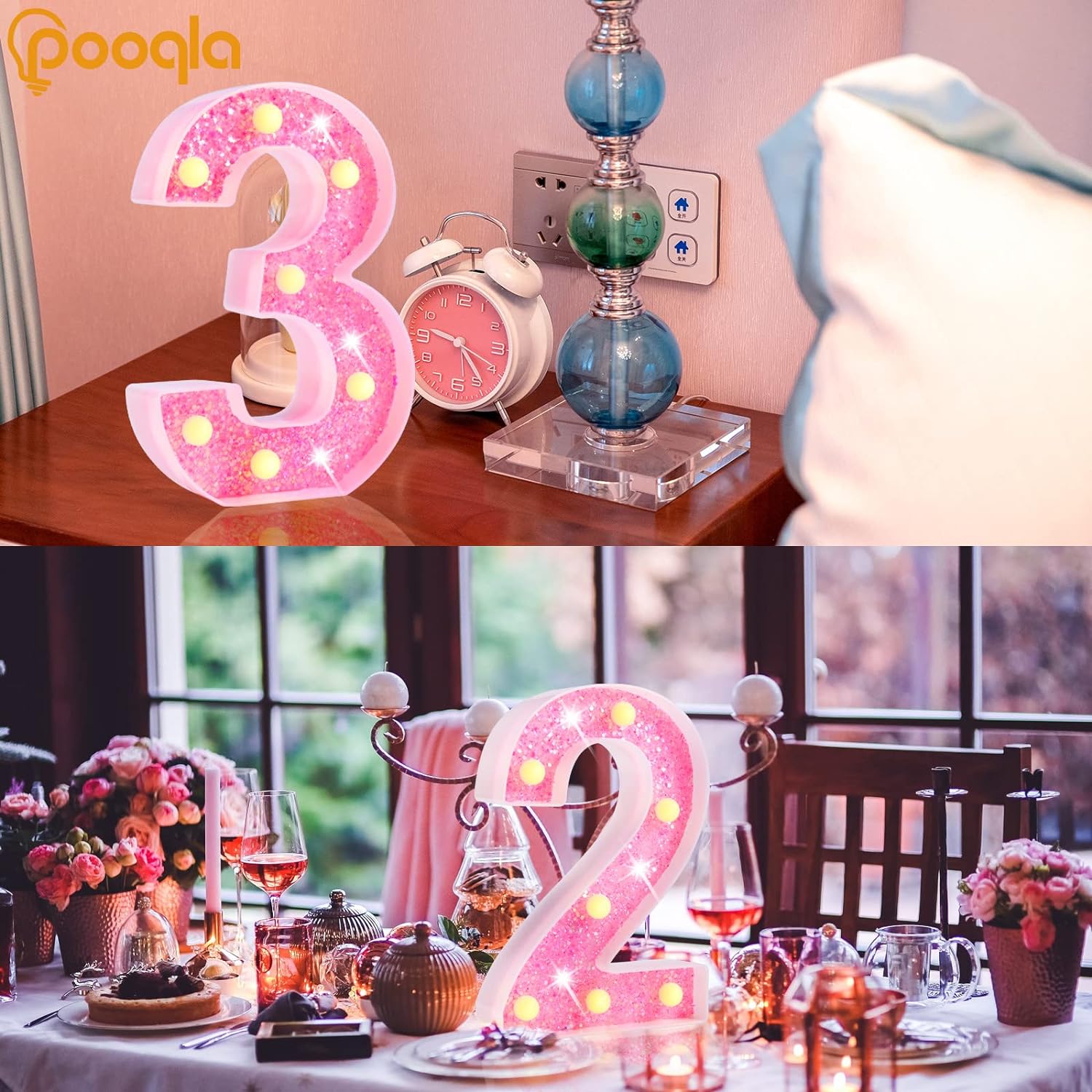 Pooqla Números de marquesina, números iluminados con pilas, números iluminados con purpurina para fiesta de cumpleaños, números LED brillantes para