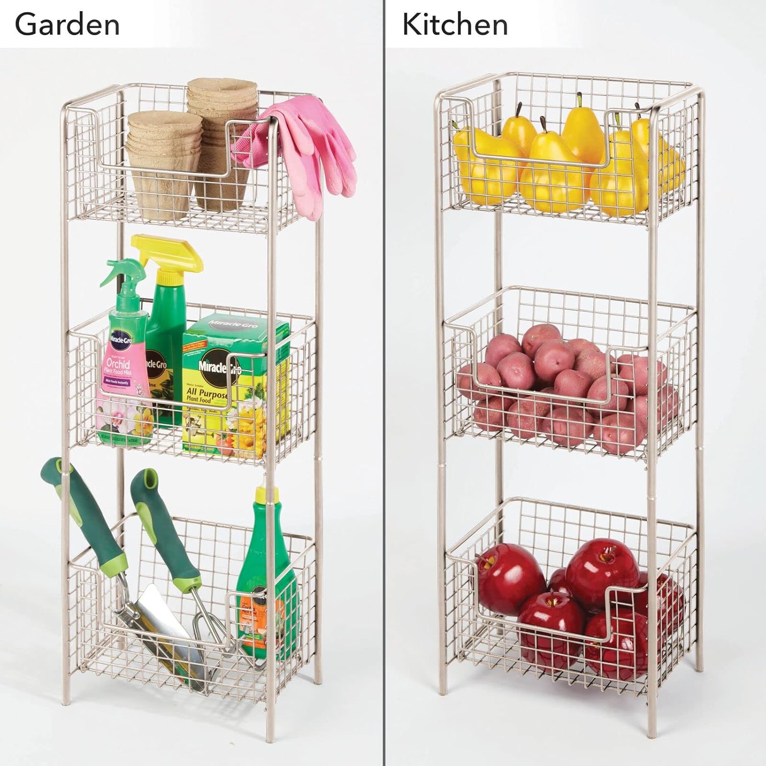 mDesign – Estantería vertical de 3 niveles para baño, organizador de almacenamiento de metal decorativo con 3 cestas para guardar y organizar