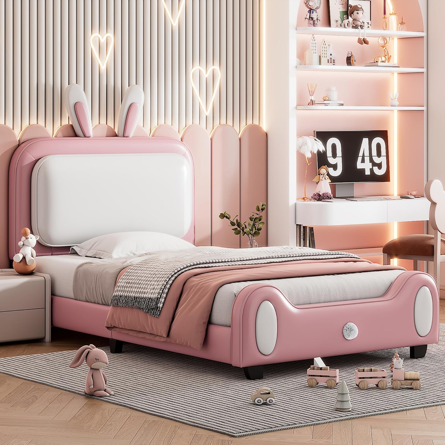 Cama de princesa tapizada en forma de conejo de tamaño individual con cabecero y estribo, plataforma tapizada de piel sintética para niños y