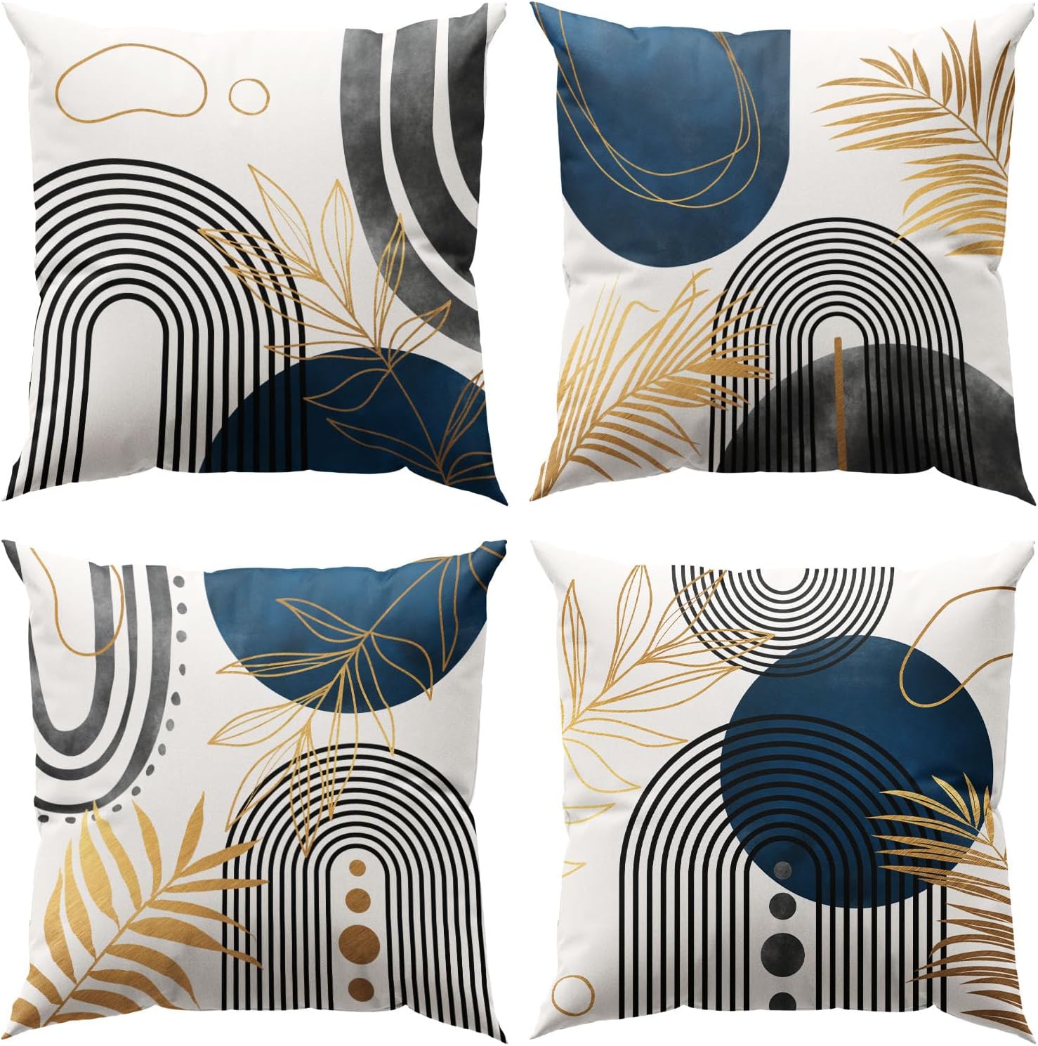Juego de 4 fundas de almohada bohemias azules y grises, decoración moderna de mediados de siglo, fundas de almohada geométricas abstractas de 16 x
