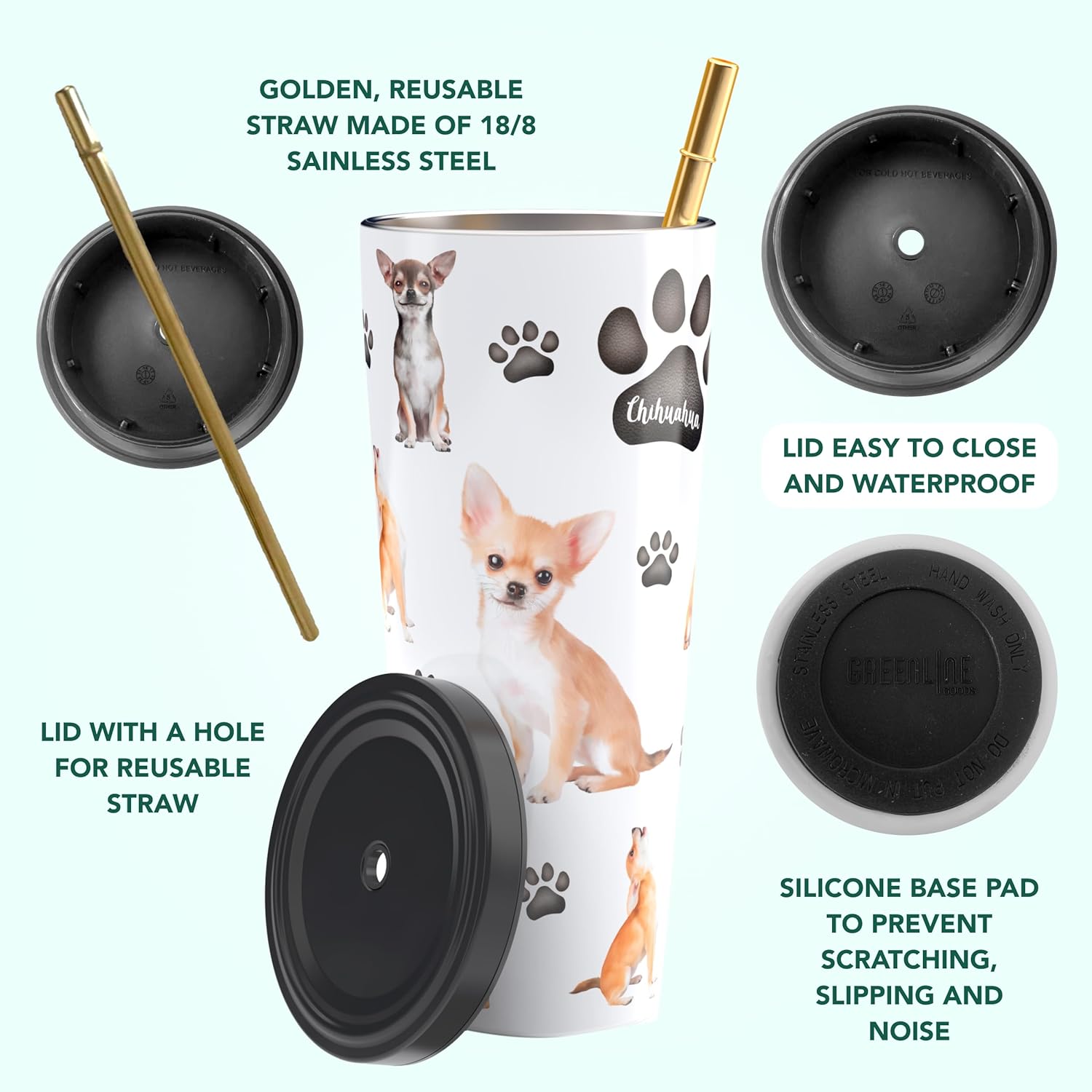 Greenline Goods Vasos aislados de 25 onzas con tapa y pajita, vasos de acero inoxidable para bebidas frías y calientes, diseño elegante de vaso de