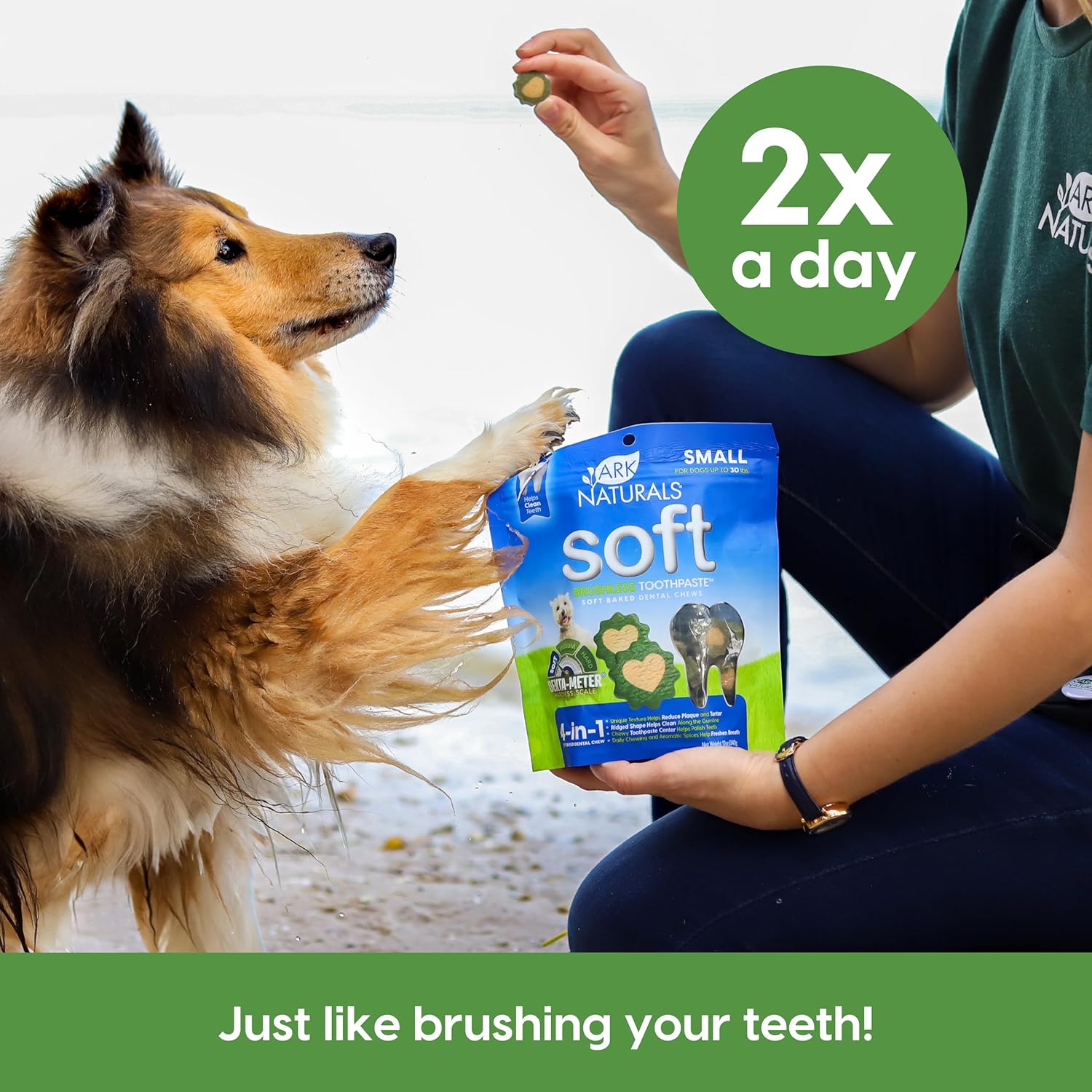 Ark Naturals Pasta de dientes suave sin escobillas, masticables dentales para perros para razas pequeñas, refresca el aliento, textura única que