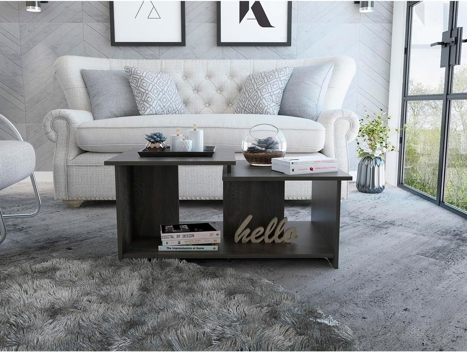 Modern Coffee Table with 3 Open Shelves Brown Contemporary Wood Finish Shelf