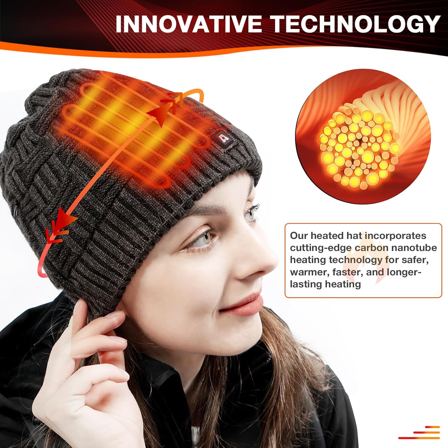 DUKUSEEK Heated Hat, Electric Winter Heated Beanie Hat with 7.4V Rechargeable Battery for Men Women Grey Black