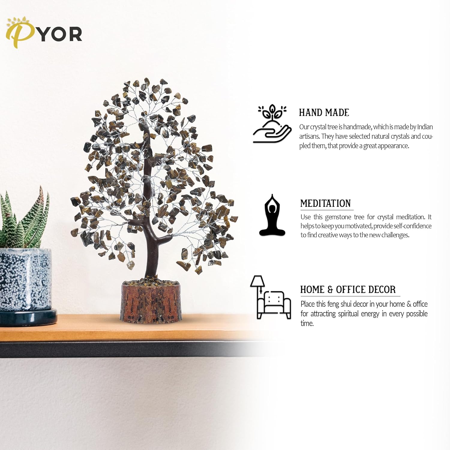 PYOR – Árbol de cristales de ojo de tigre, piedra curativa, positiva, regalo hippie, árbol de gemas, de dinero de cristal, de buena suerte, de
