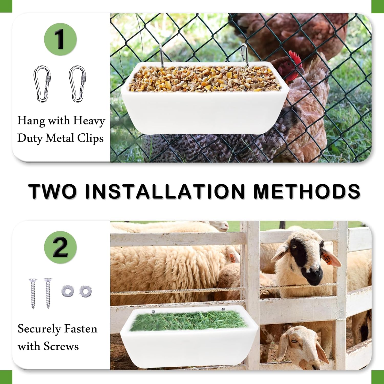 Paquete de 2 comederos de pollo con clips, alimentador de valla colgante para cabra, pollo, pato, ganso, ciervo, oveja, lechones, bebedero, cubeta