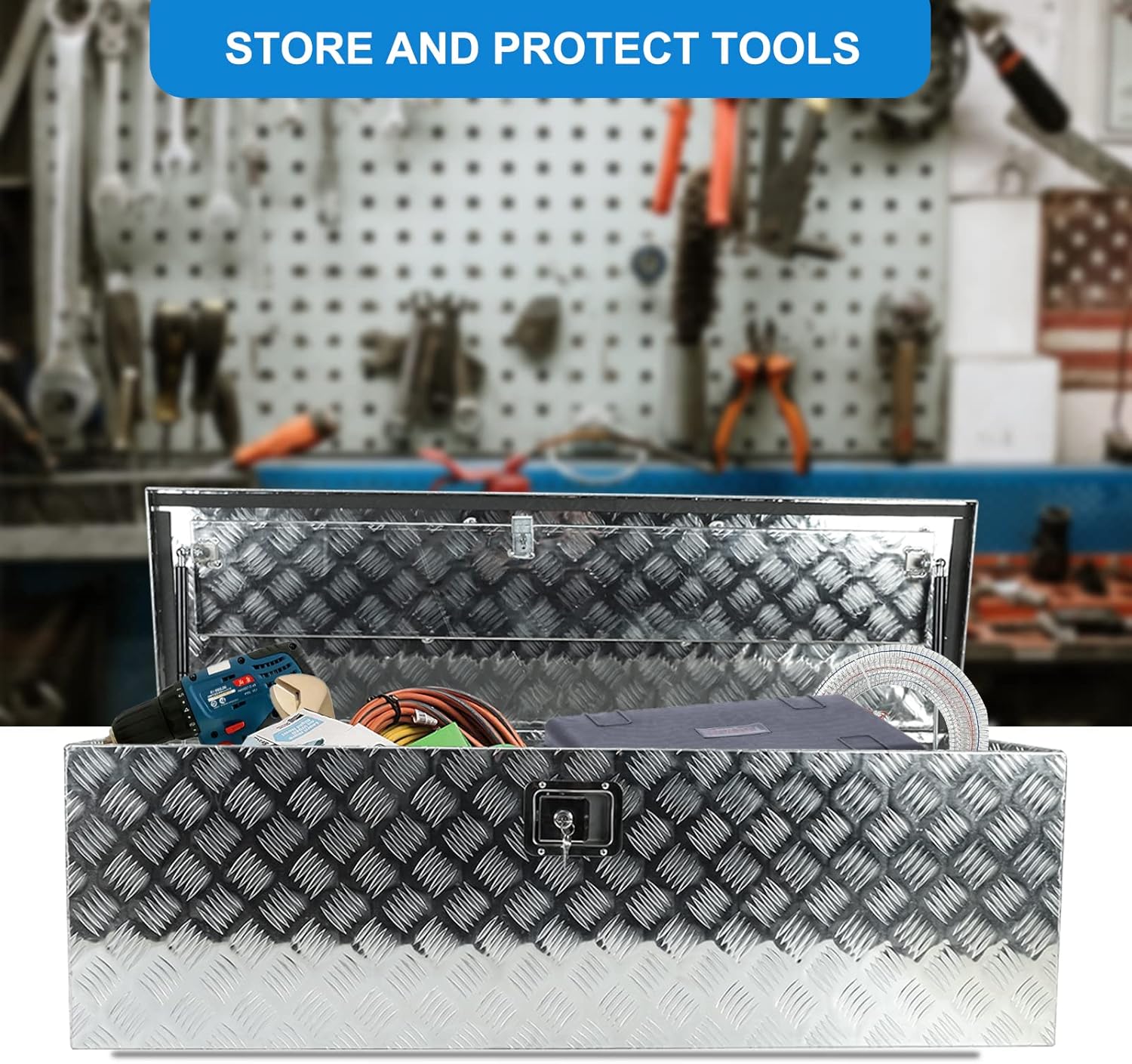 Caja de herramientas de aluminio plateado de 49 x 15 x 15 pulgadas, caja de herramientas con cerradura y llave, banda de rodadura de 5 barras