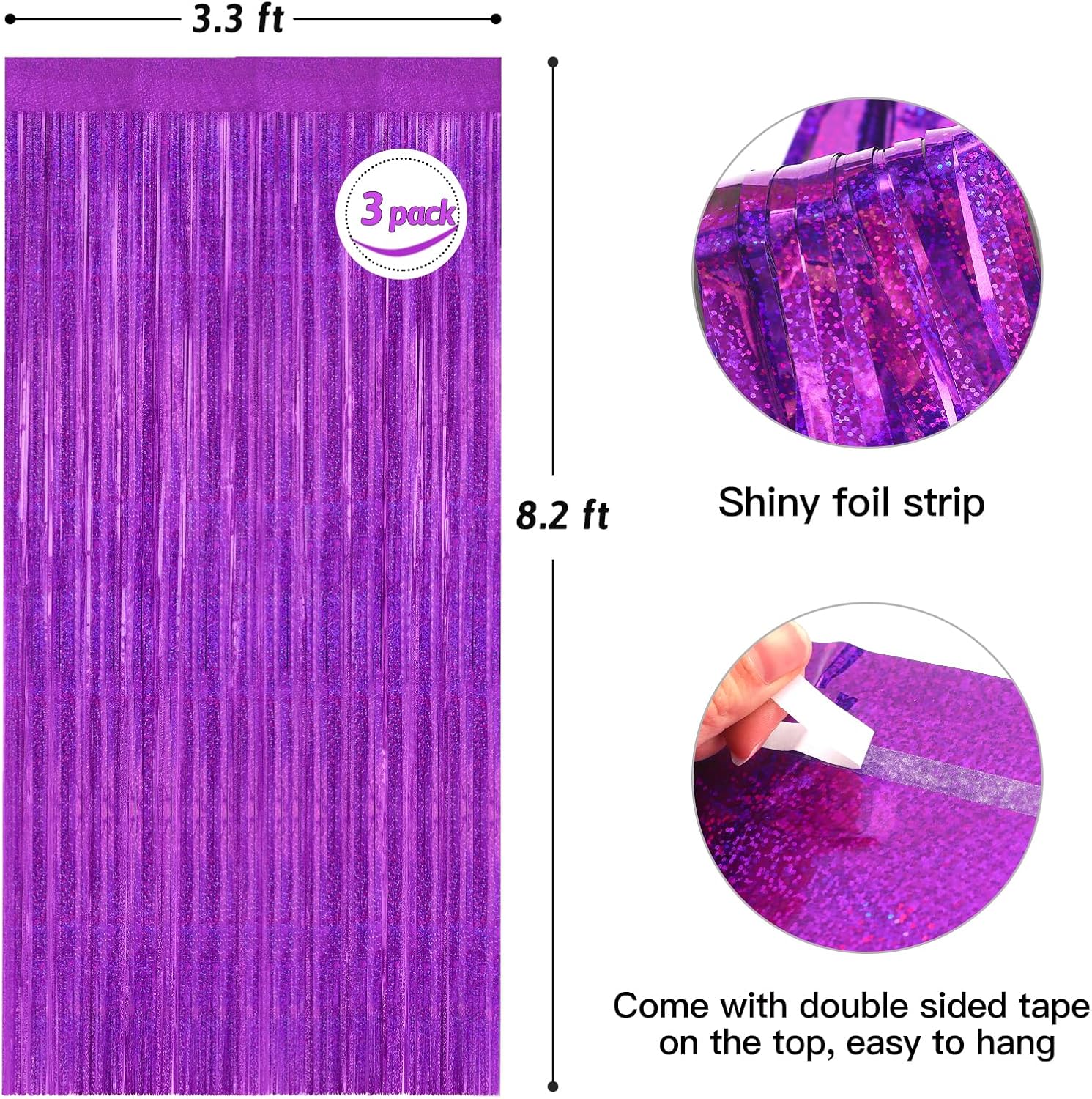 Cortinas de flecos de papel de oropel metálico morado, paquete de 3 cortinas grandes de 3.3 x 8.2 pies para decoración de fiestas, puertas, paredes,