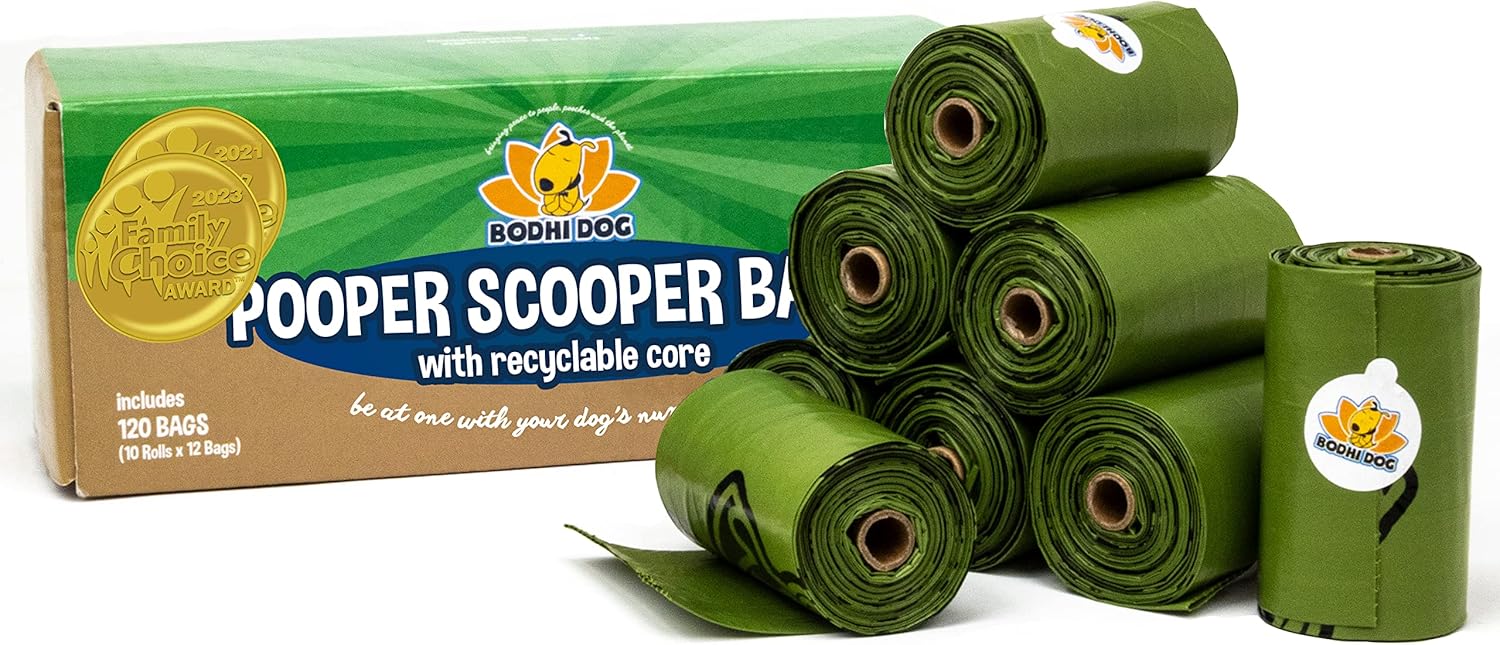 Bodhi Dog Bolsas recogedoras de excrementos con núcleo reciclable, 120 bolsas gruesas 100% a prueba de fugas para desechos de mascotas, se adapta a