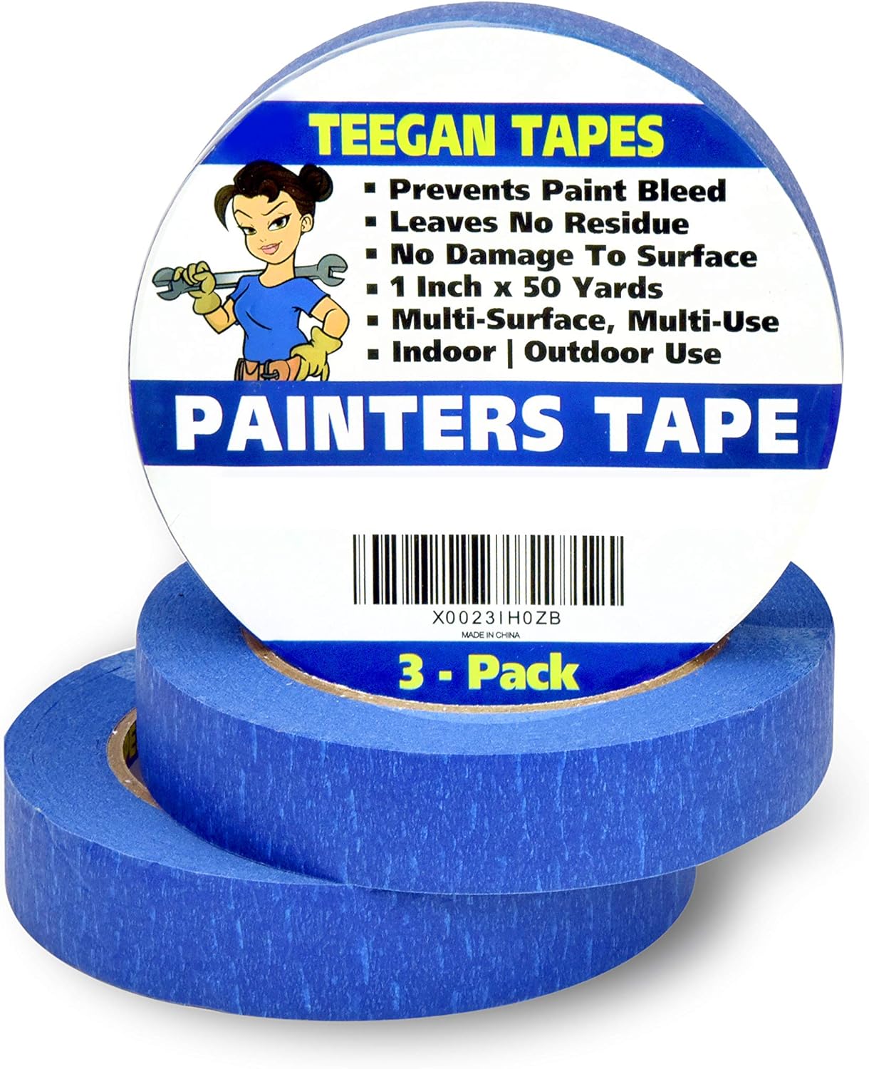Gaffer Power Teegan Tapes – Cinta adhesiva para pintores de 1 pulgada de ancho por 50 yardas, paquete de 3 unidades, cinta adhesiva azul para
