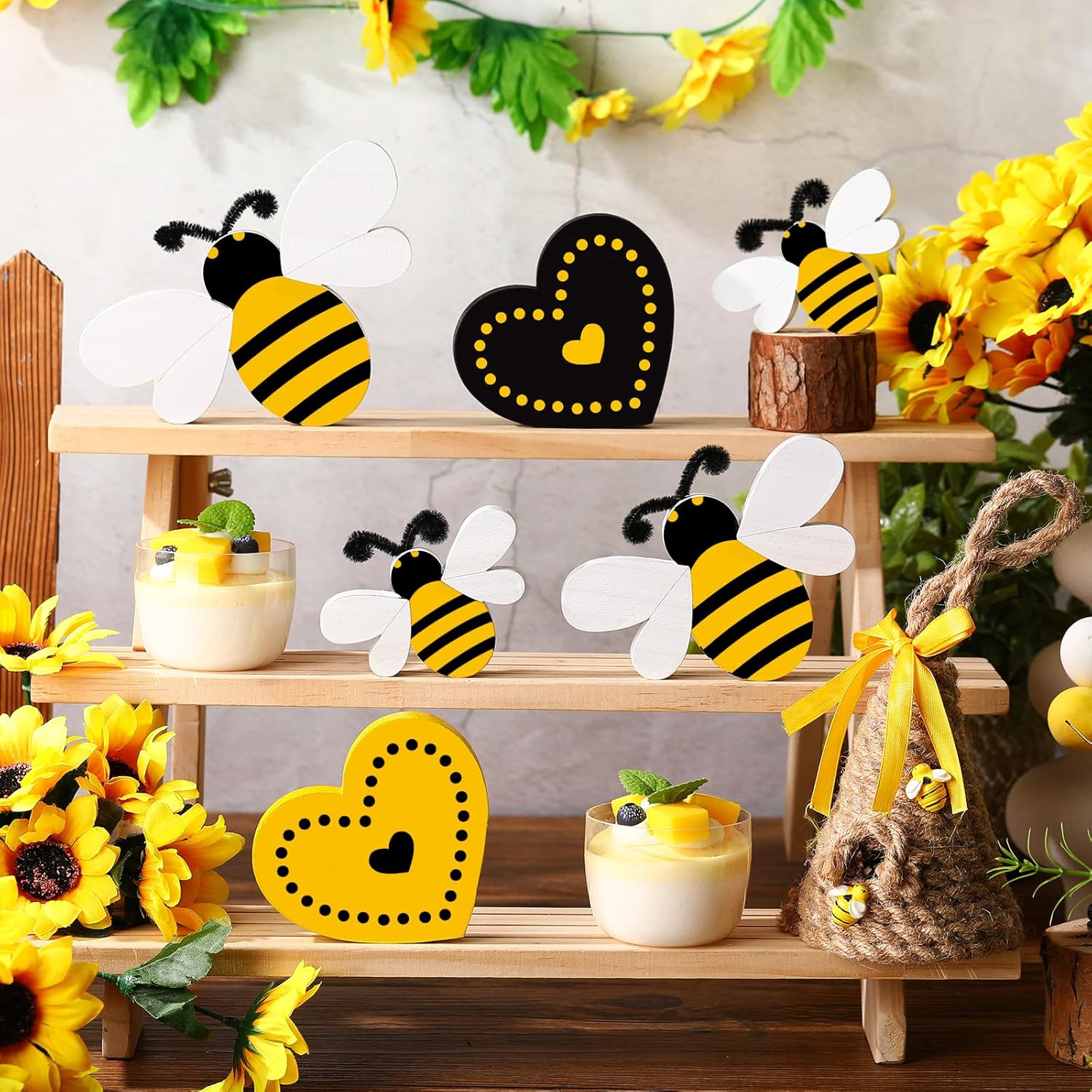 6 piezas de bandeja escalonada de abeja, letrero de madera con forma de corazón de abeja, decoración rústica de abeja, centro de mesa de madera de